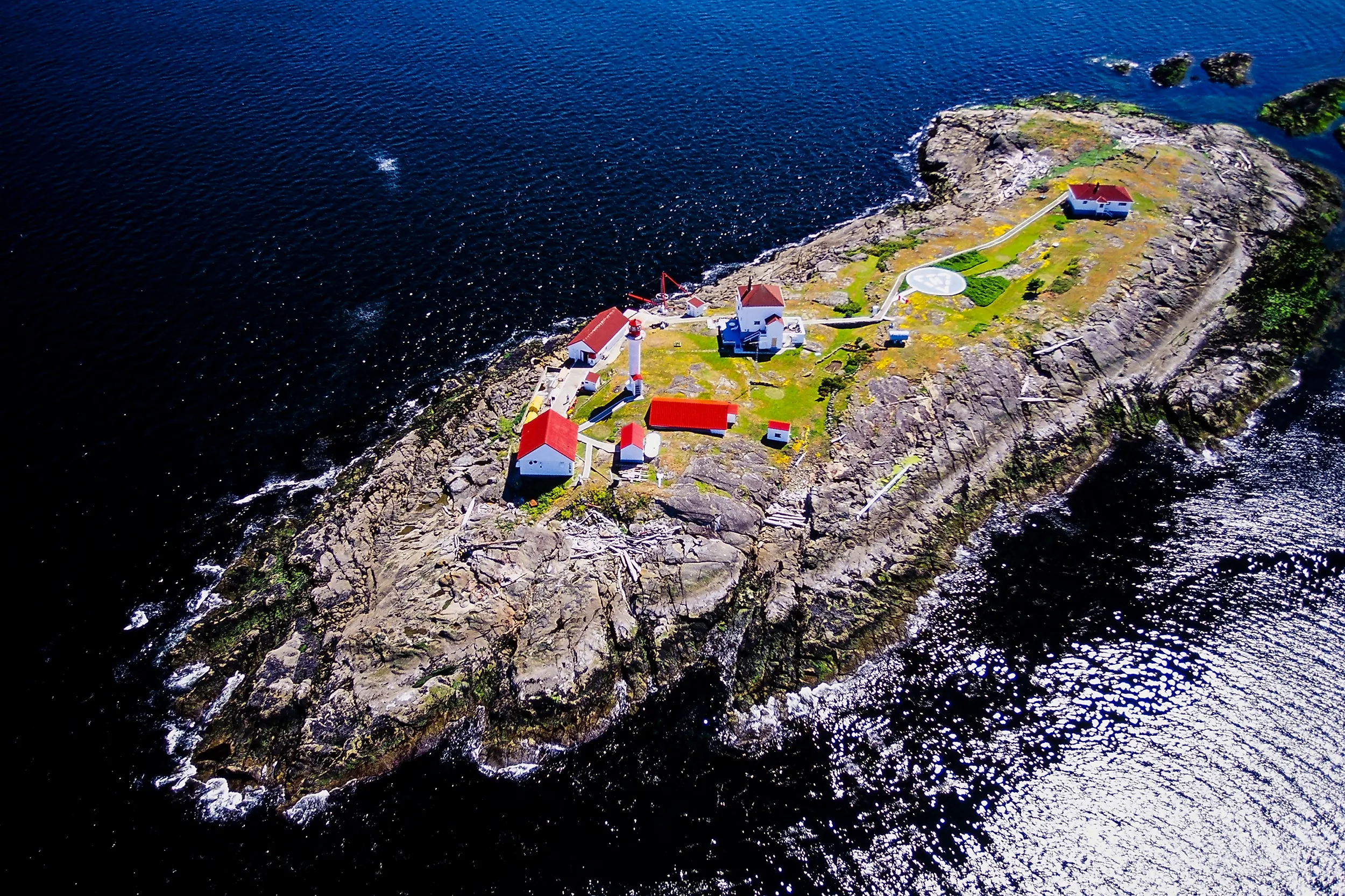 Aerial image of Entrance Island Lighthouse, BC, Canada. 
