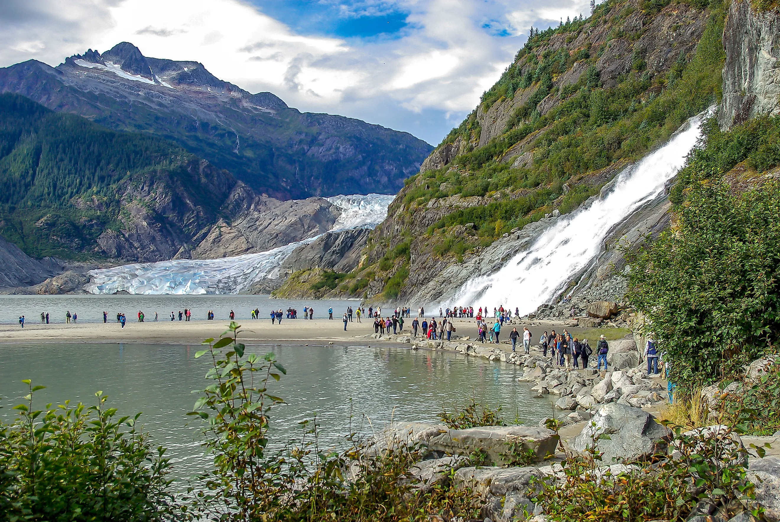 Spectacular vew of the Mendenhall Glacier and Nugget Falls in Alaska.