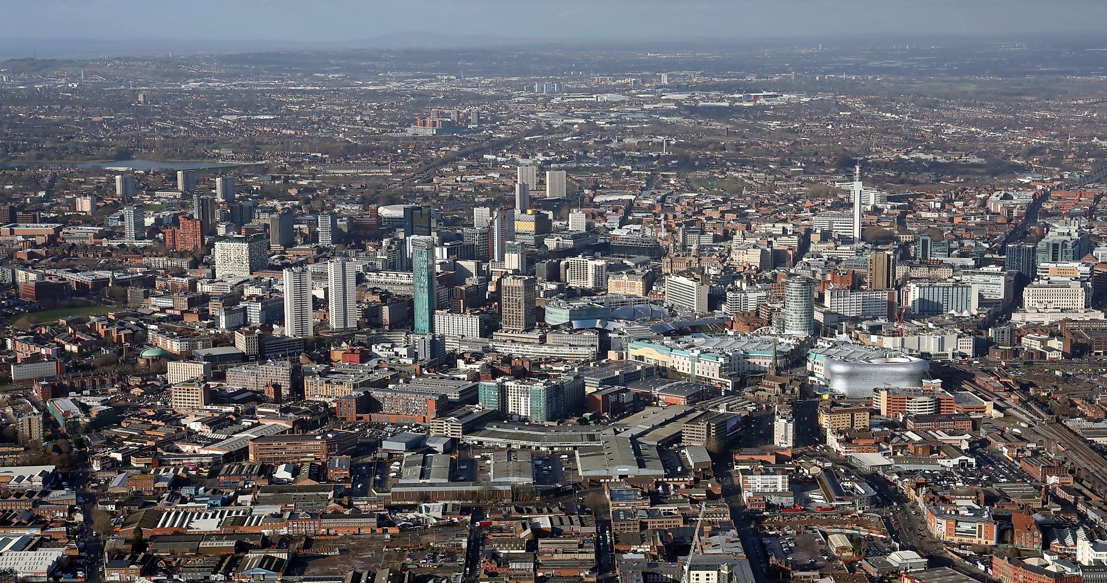 Aerial view of Birmingham city center skyline.