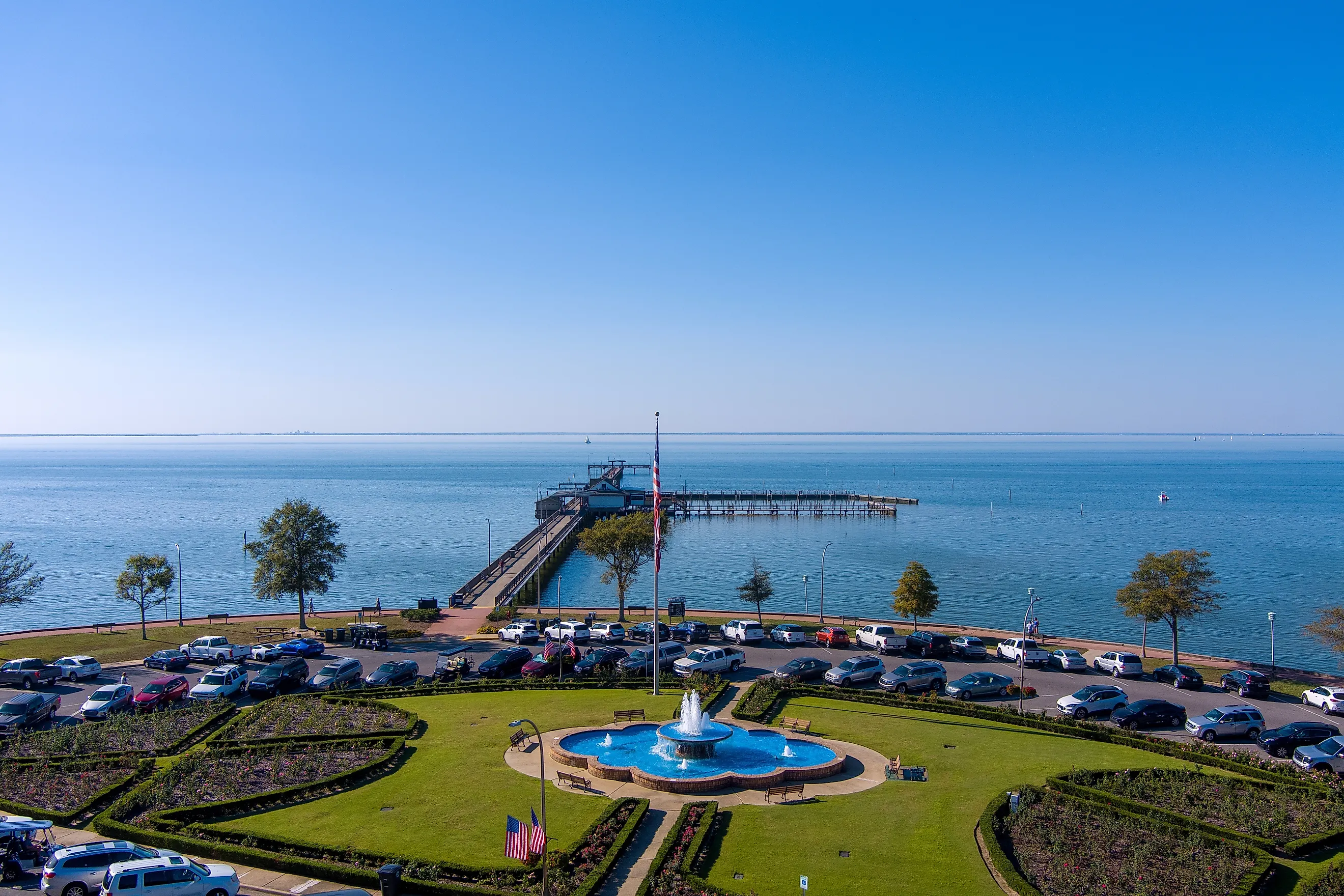 Aerial view of a park and pier in Fairhope, Alabama.