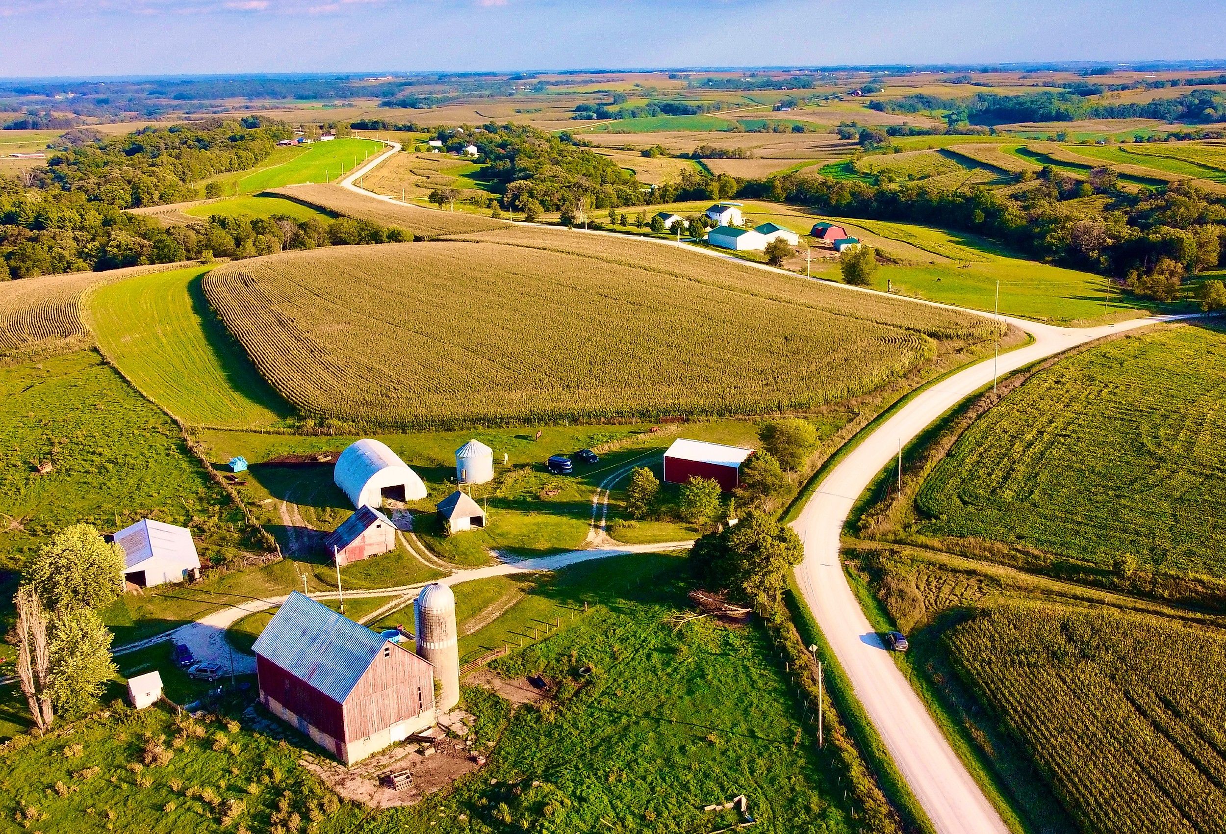 Amish Countryside Aerial view of Waukon town in Iowa.