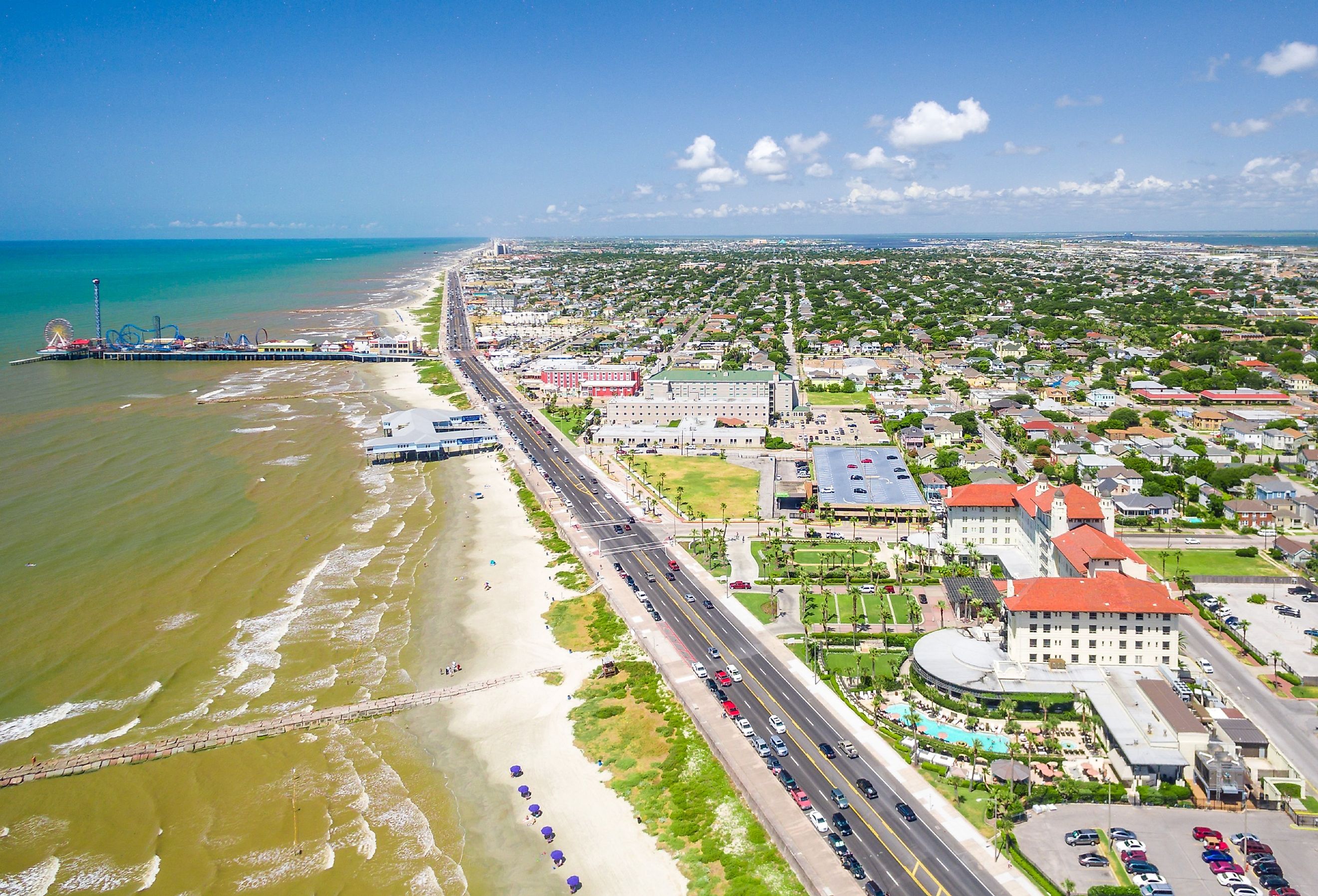 Galveston Island, Texas along the seawall from the air.