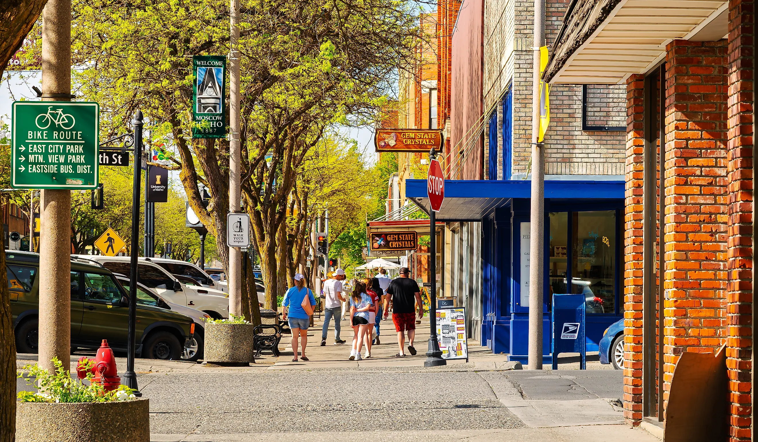 Shops, galleries and cafes line Main Street in the historic downtown area of Moscow, Idaho.