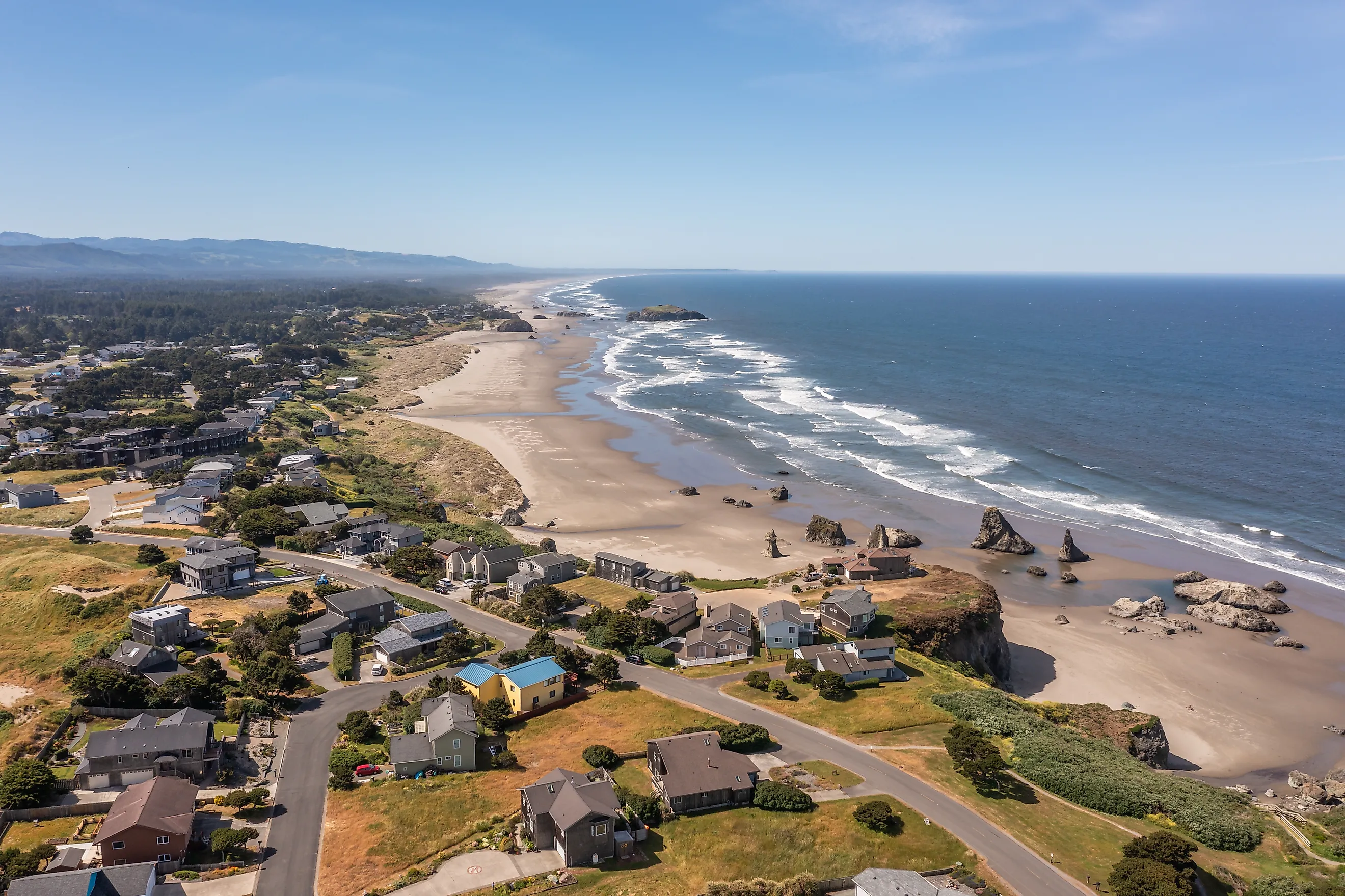 Aerial view of homes on the bluff in Bandon, Oregon