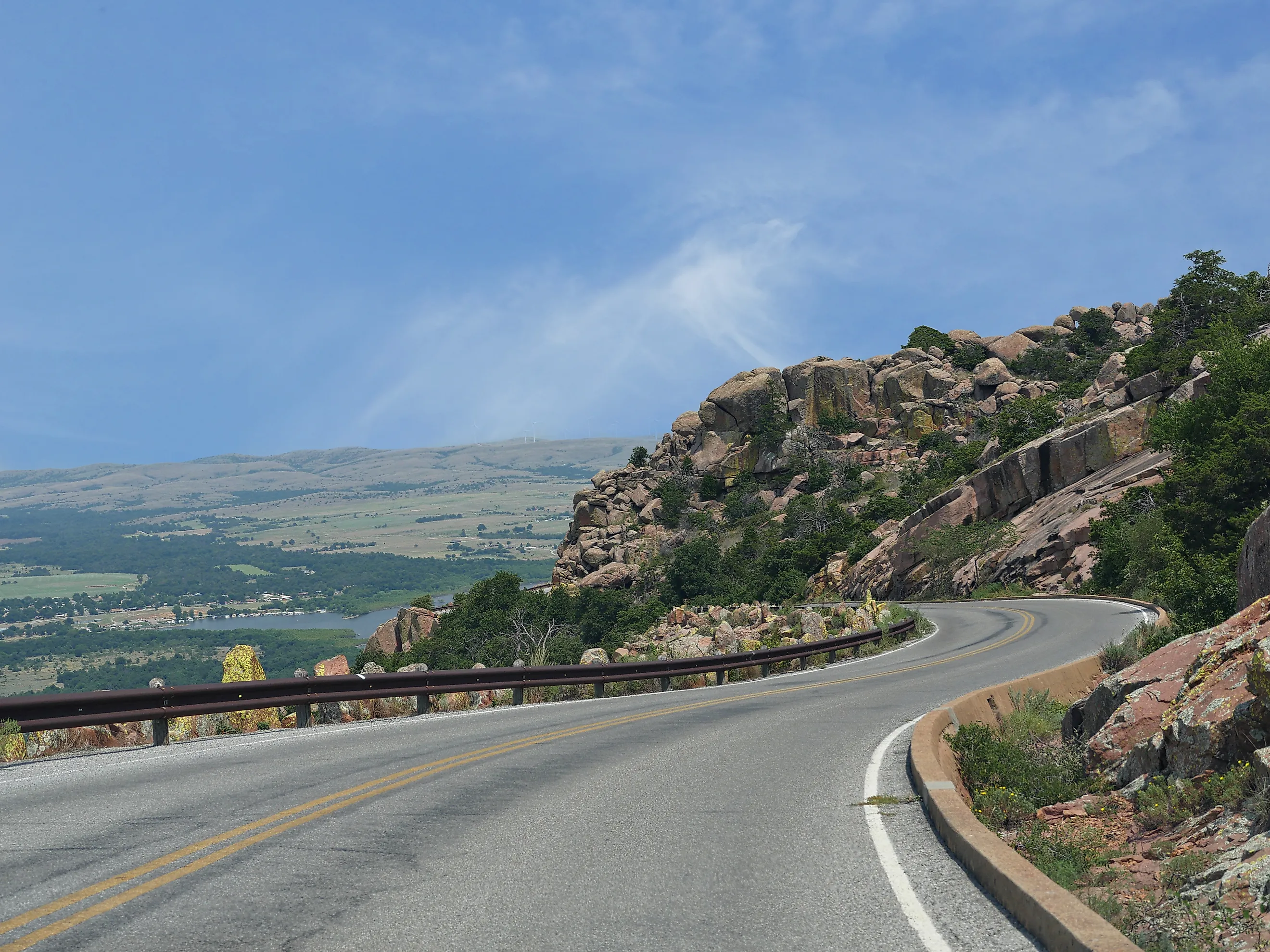 A scenic view descending the twisting road from Mt. Scott, Wichita Mountains Wildlife Refuge, Oklahoma