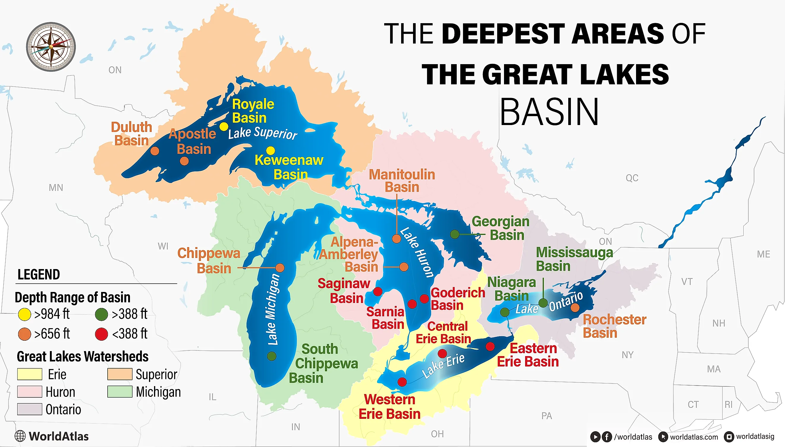 infopgraphic showing the deepest areas of the great lakes basin