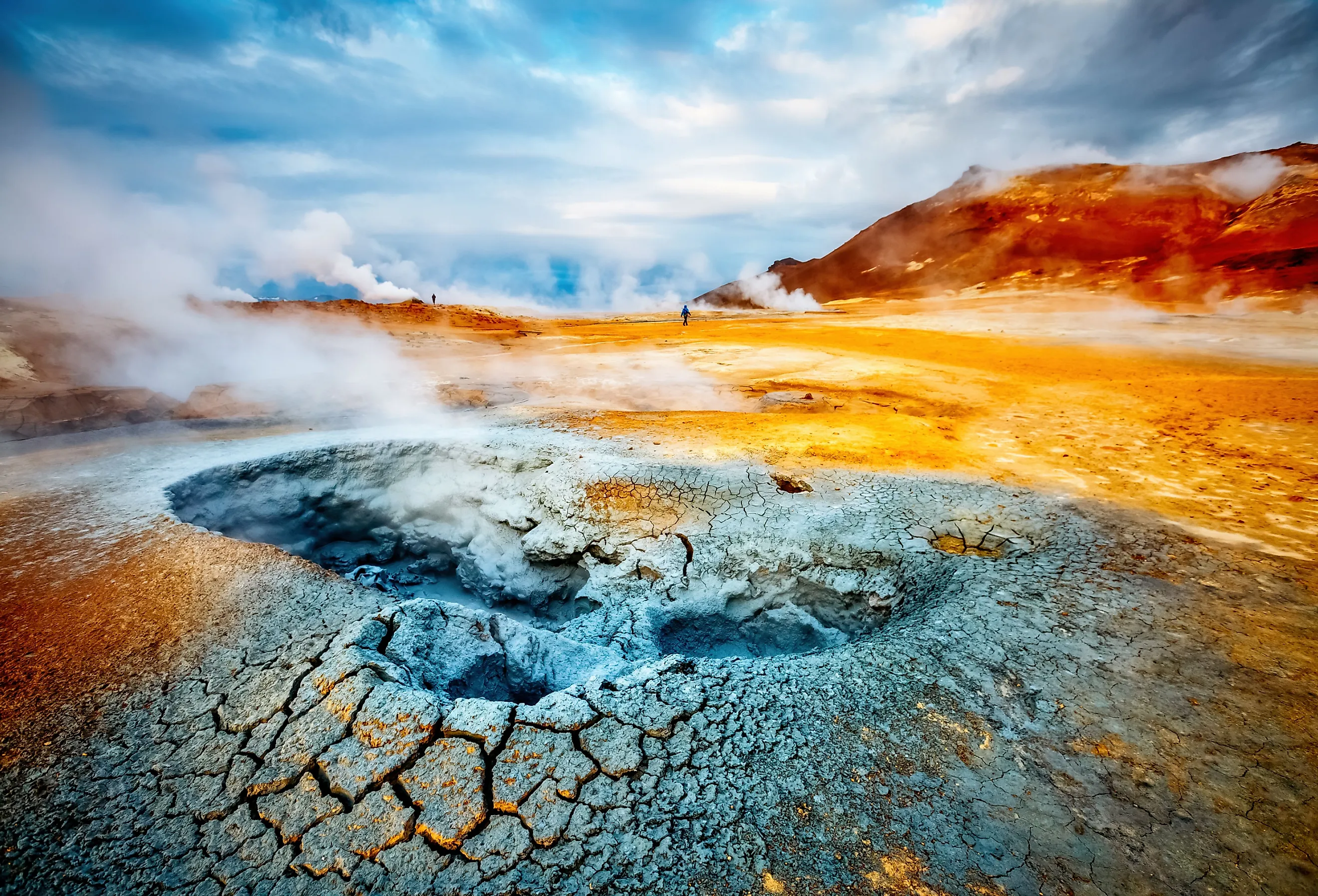 Dramatic view of the geothermal area Hverir (Hverarond), Krafla volcano, Iceland.