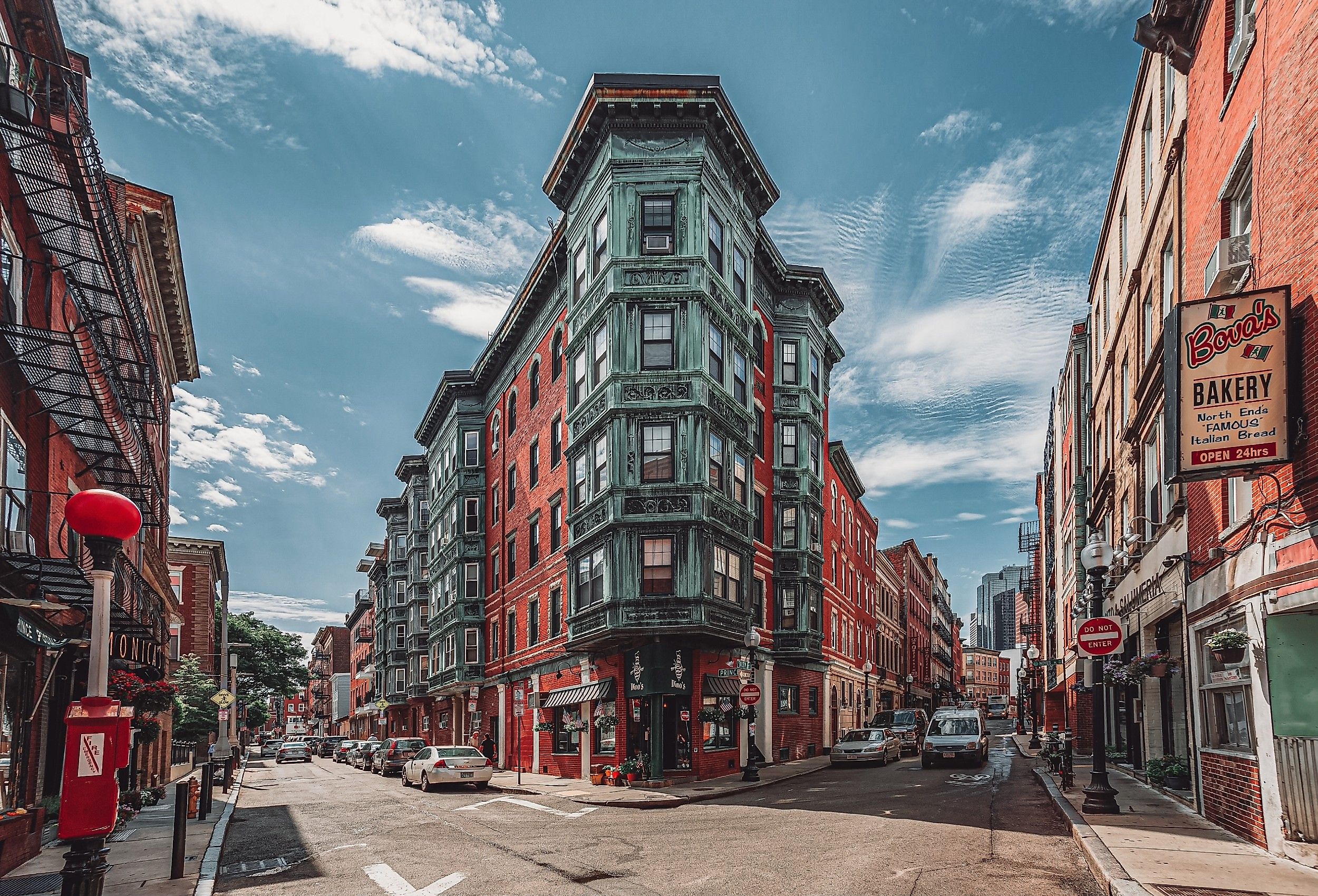 Historic East End of Boston Massachusetts with brick buildings, bakery restaurants, and shops.