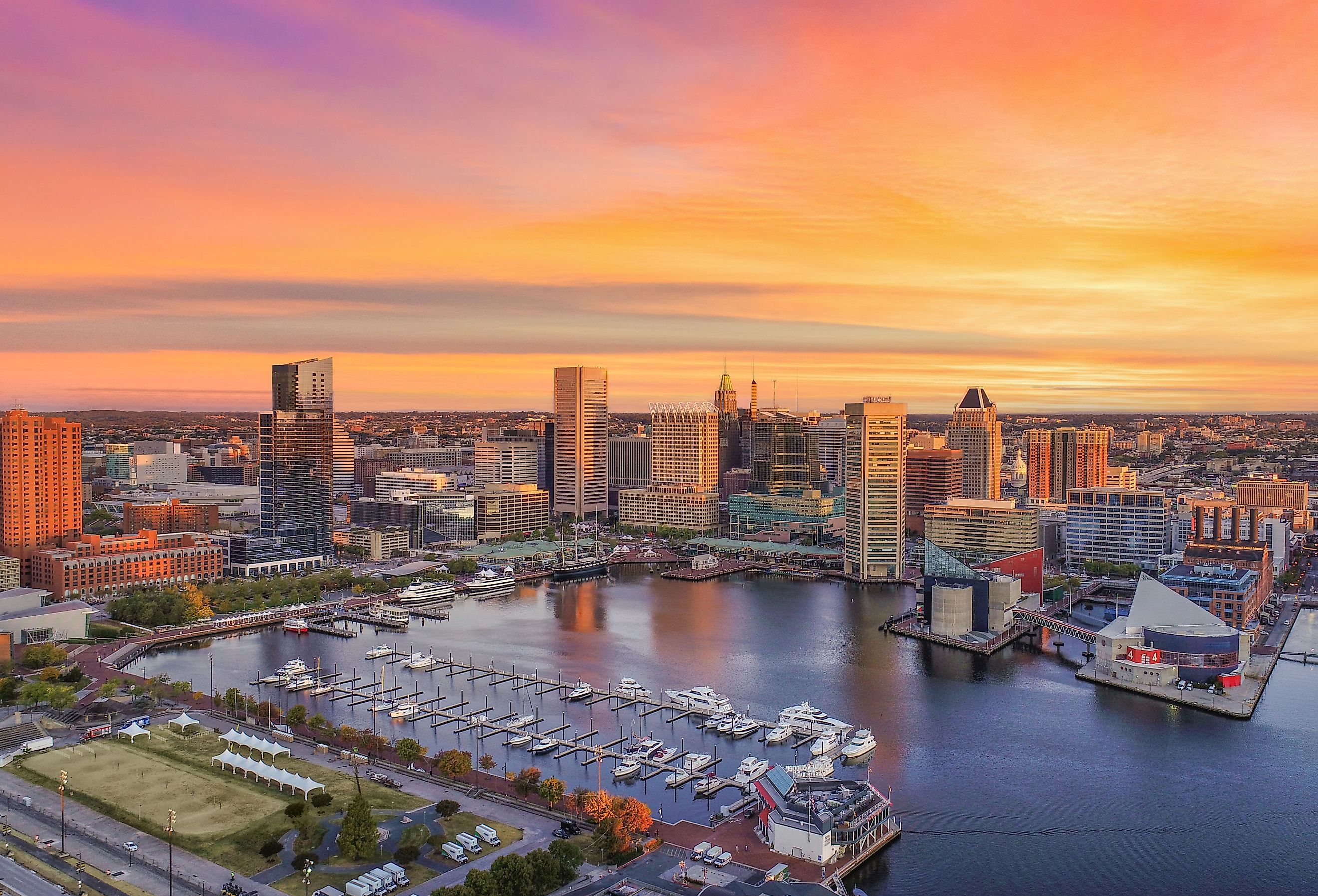 Aerial view of Baltimore skyline at sunrise. Image credit Kevin Ruck via Shutterstock.