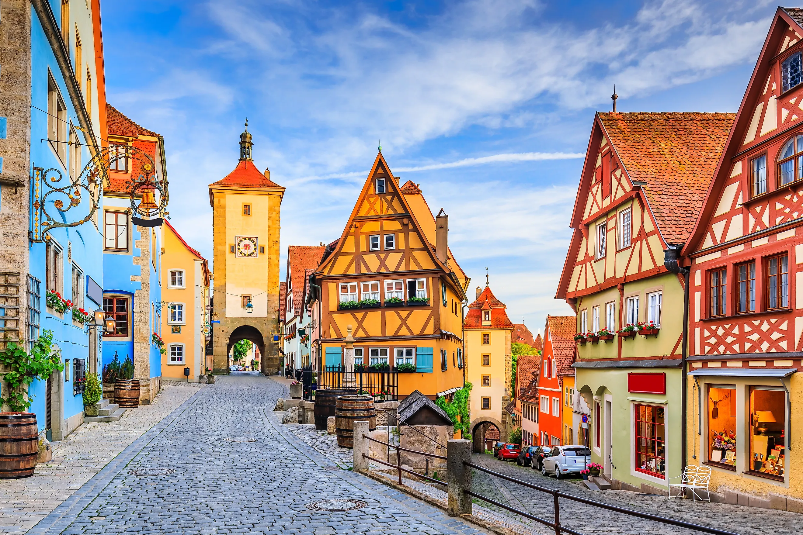 The medieval town of Rothenburg ob der Tauber on a summer evening.