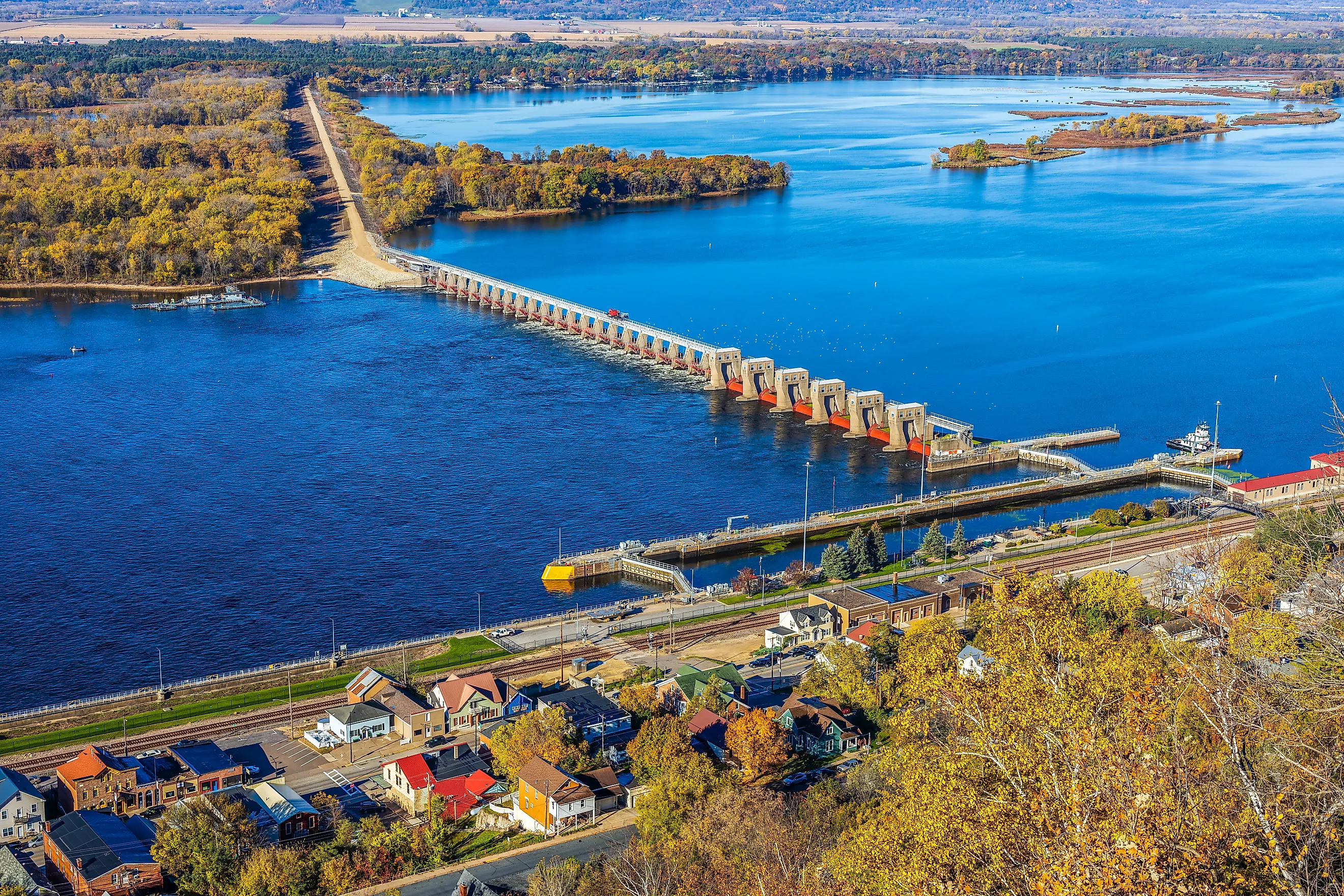 View from Buena Vista Park of the Mississippi river Lock and Dam #4 in Alma, Wisconsin