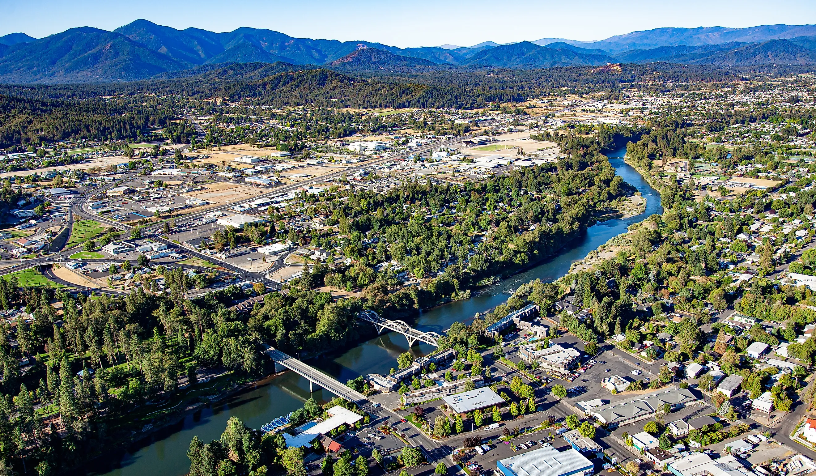 Aerial view of downtown Grants Pass with the Rogue River.