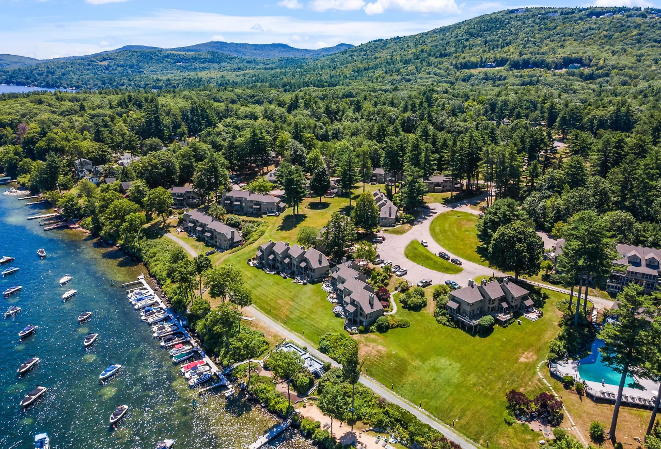 An aerial view of houses near Lake Winnipesaukee, New Hampshire.