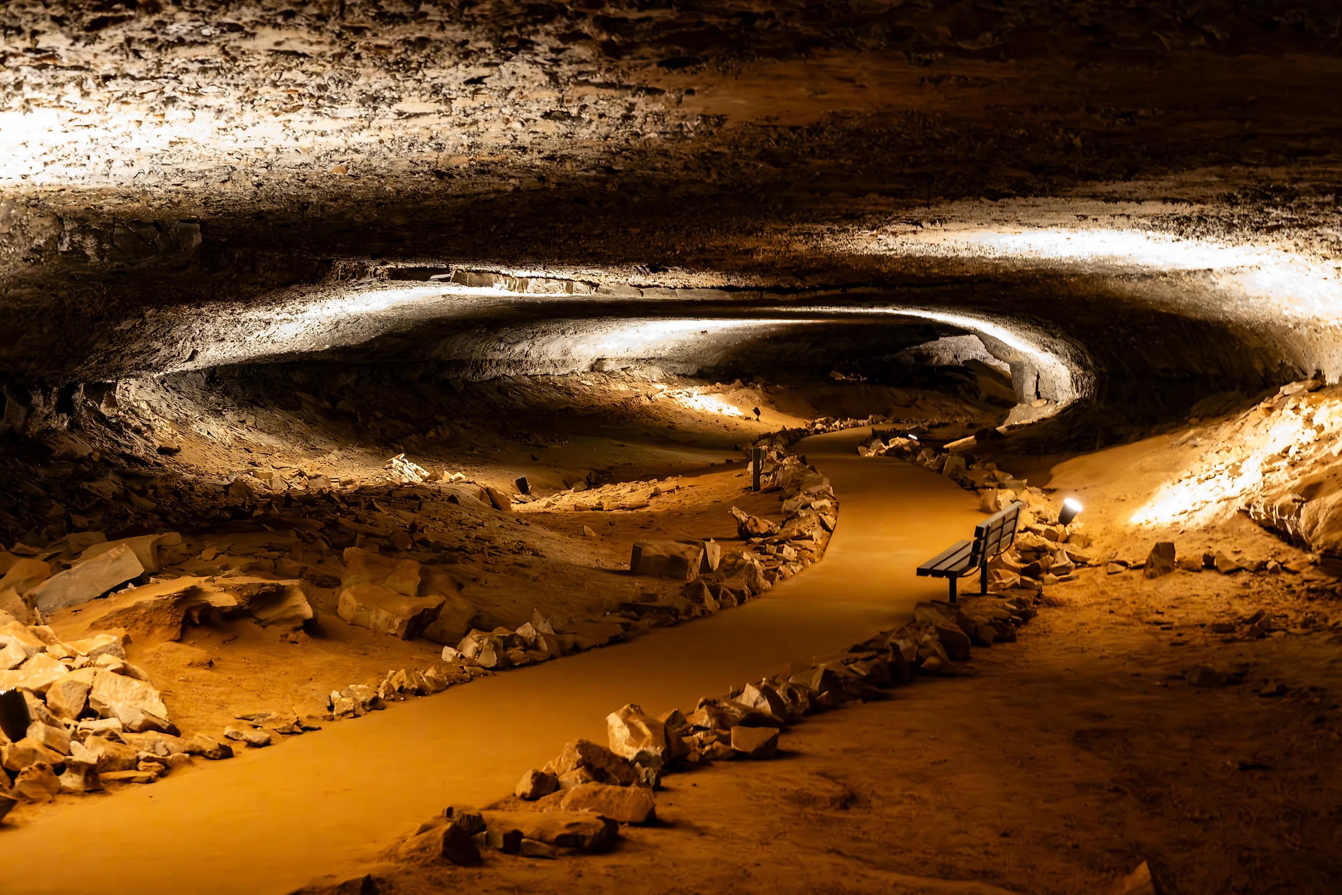 Mammoth Cave illuminated pathway. 