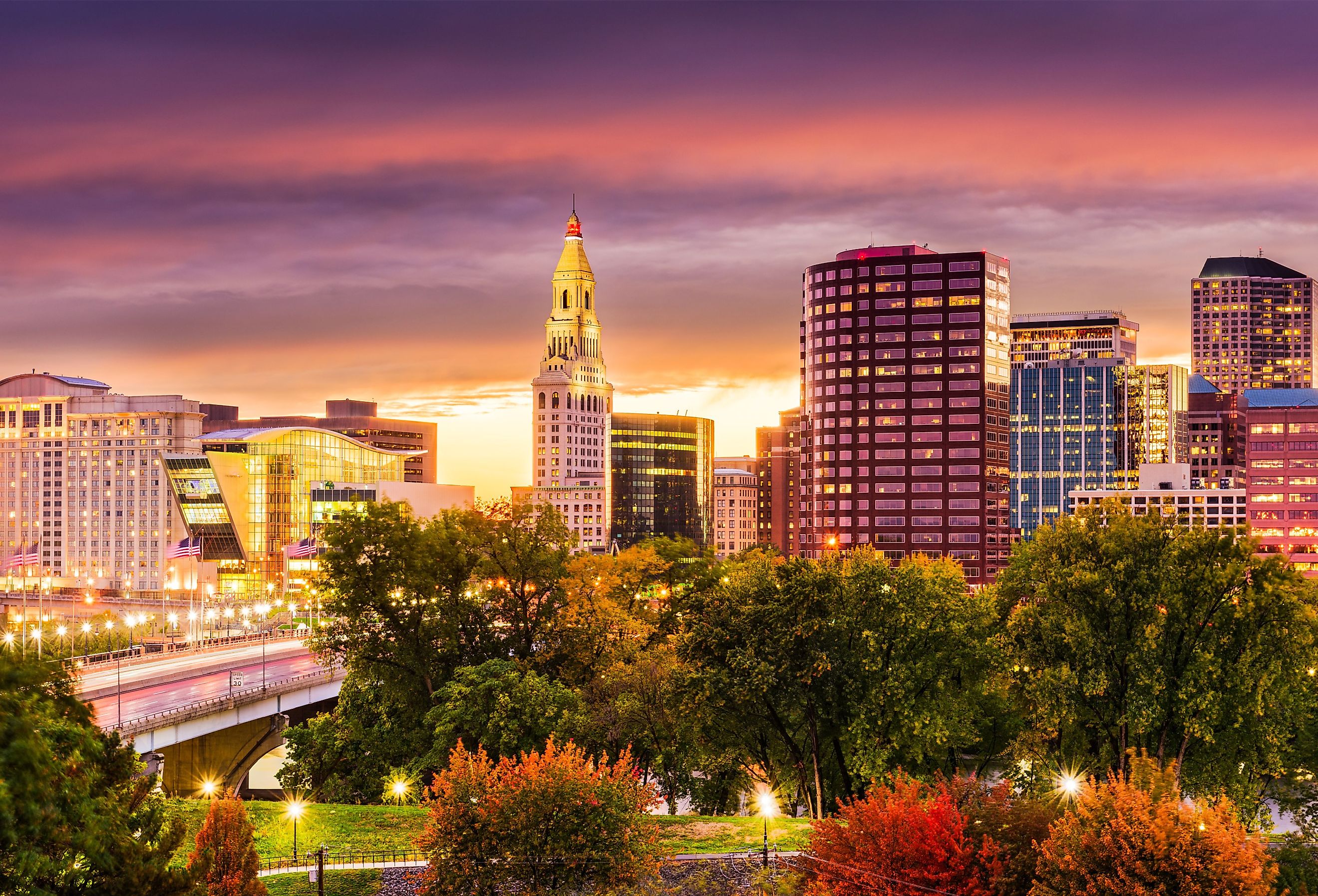 Hartford, Connecticut, USA downtown skyline at dusk. Image credit Sean Pavone via Shutterstock.