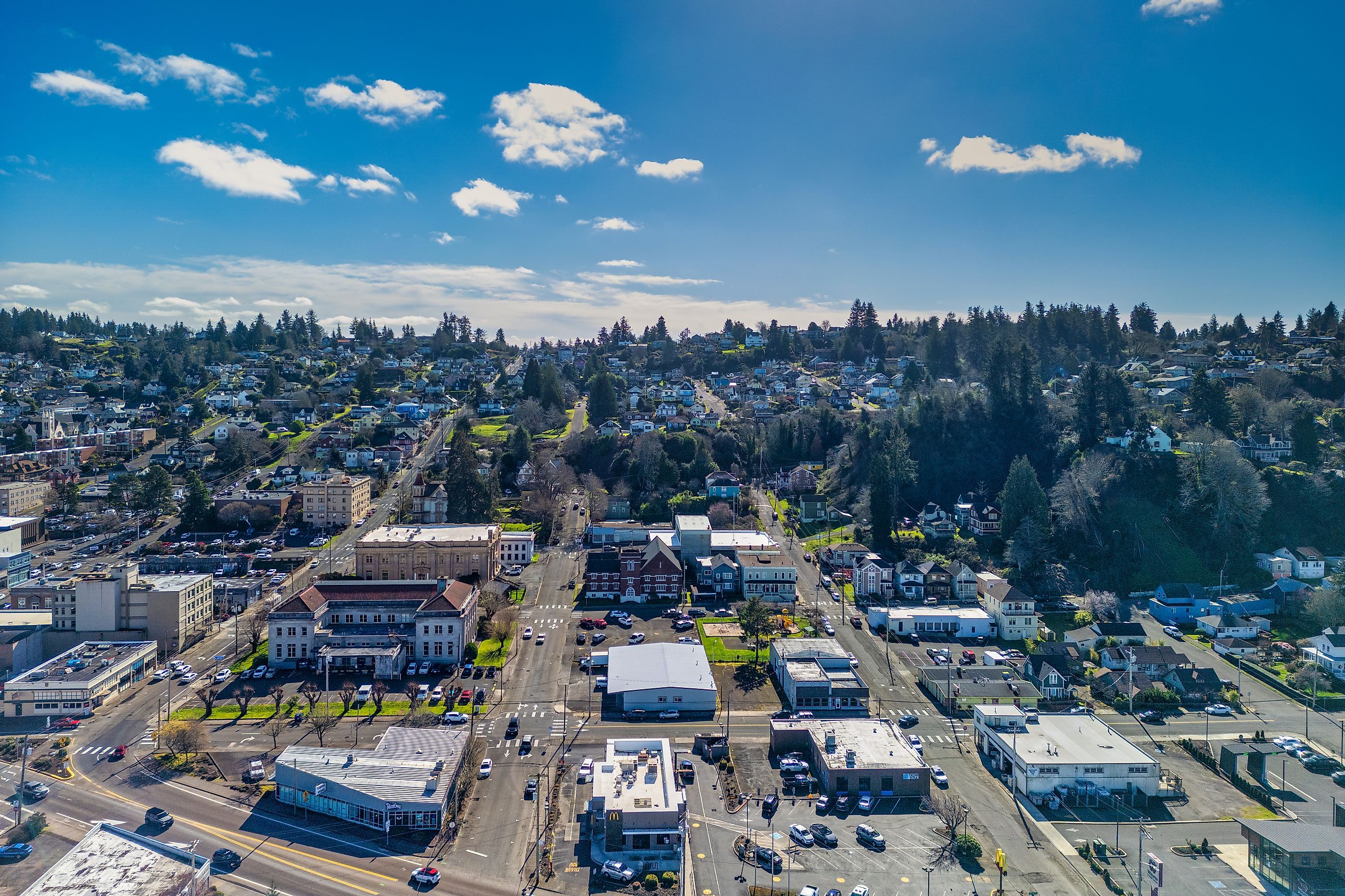 Aerial view of Astoria Oregon. Downtown of this famous small town.