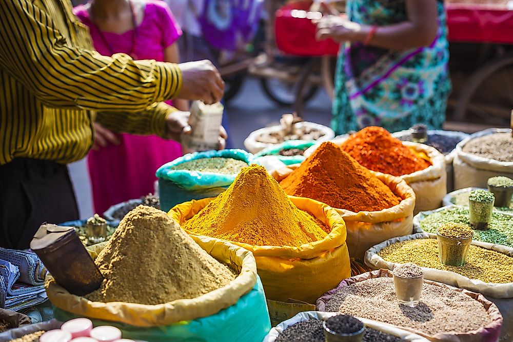 Spices and herbs for sale in Delhi, India.