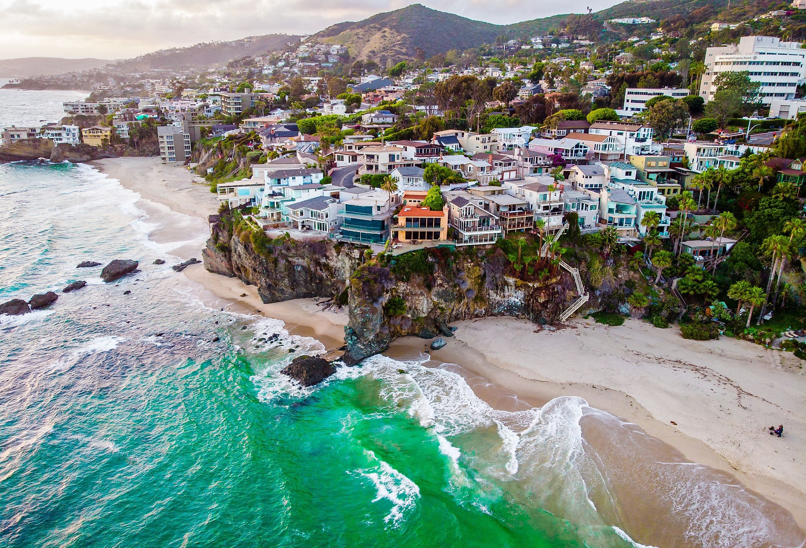 Aerial view of luxury buildings at the coast of Laguna Beach, California.