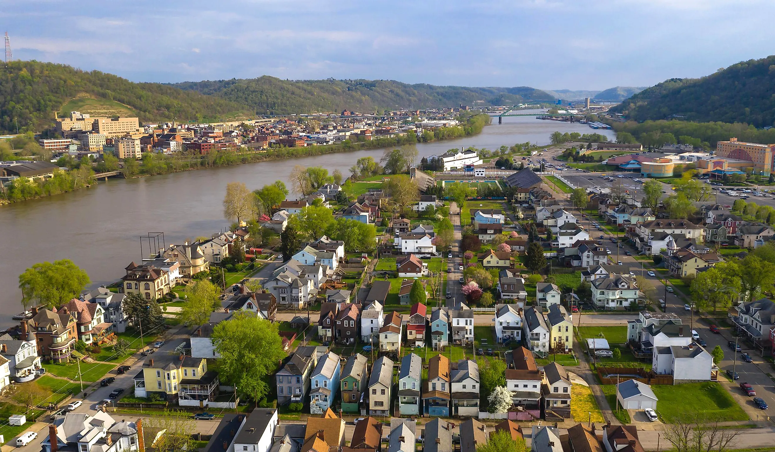 Aerial view of the Ohio River in Wheeling, West Virginia.
