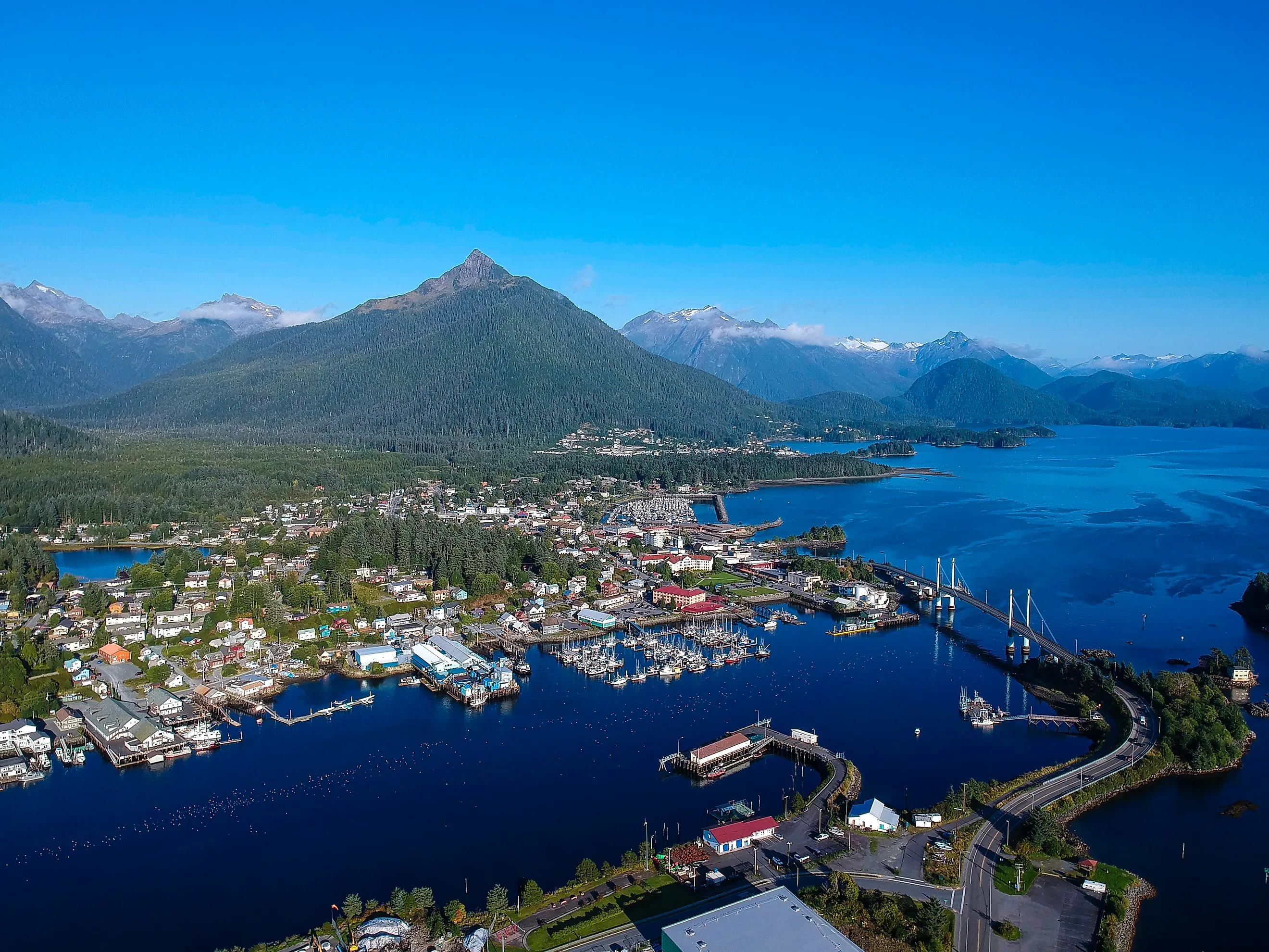 Aerial view of Sitka, Alaska with Mount Verstovia in the background