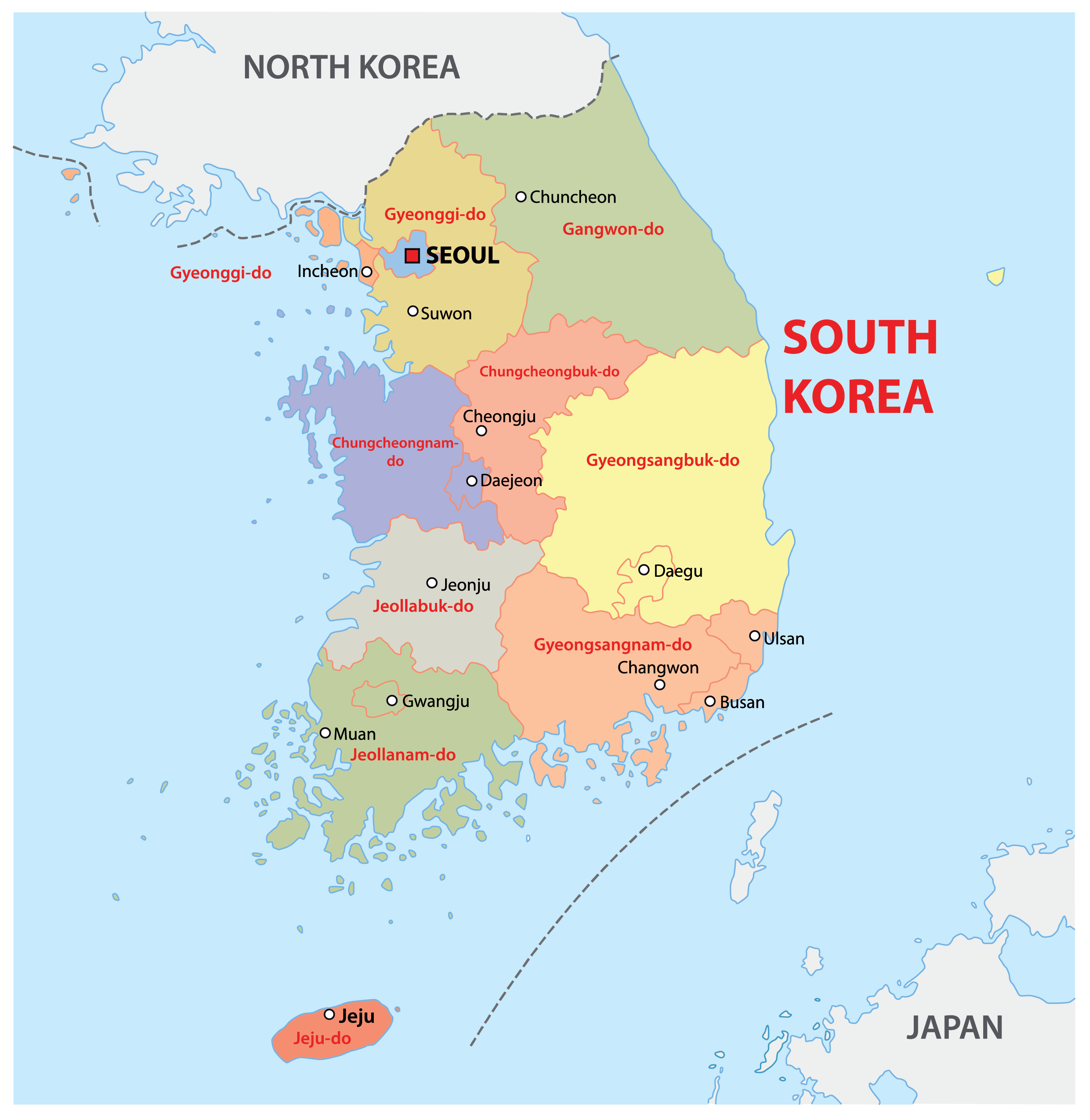Bản đồ Hàn Quốc năm 2024 (Map of Korea, 한국 지도, 韩国地图, 韓国の地図)