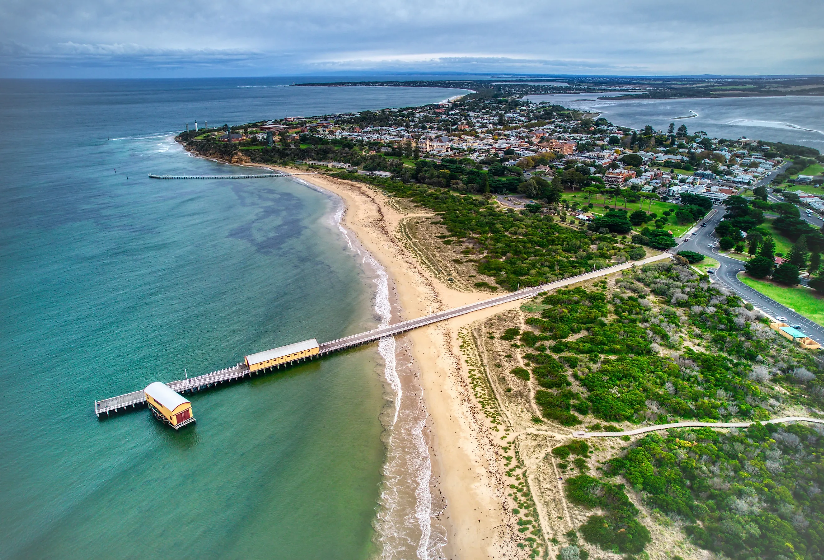 Aerial view of the Queenscliff South Pier, Victoria, Australia.