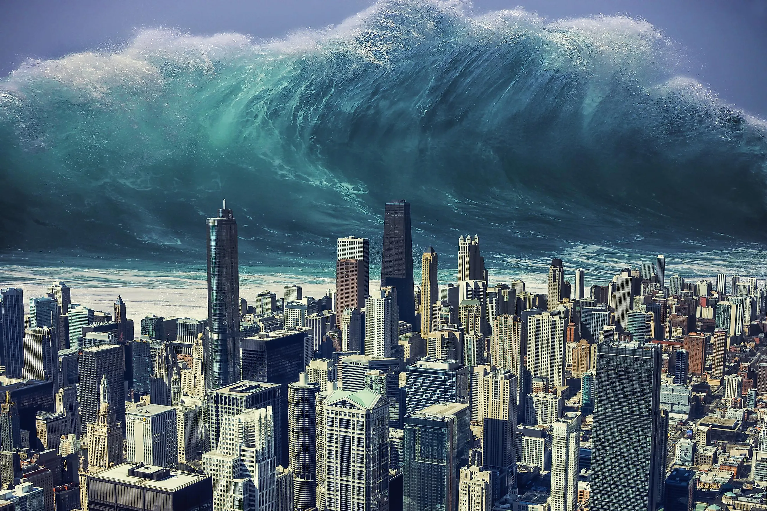 Tsunami hitting a big city.