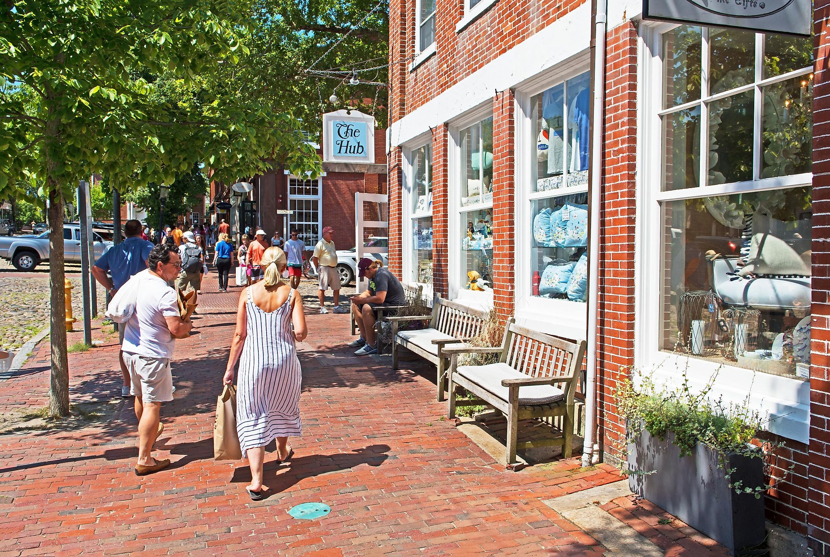 Nantucket, Massachusetts/USA - August 9 2019: the Town of Nantucket is home to an eclectic range of shops including high end galleries, clothes shops, souvenir stores, a bookshop and a liquor store.
