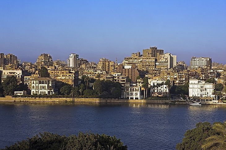 Affluent parts of modern Cairo, Egypt along the banks of the Nile.
