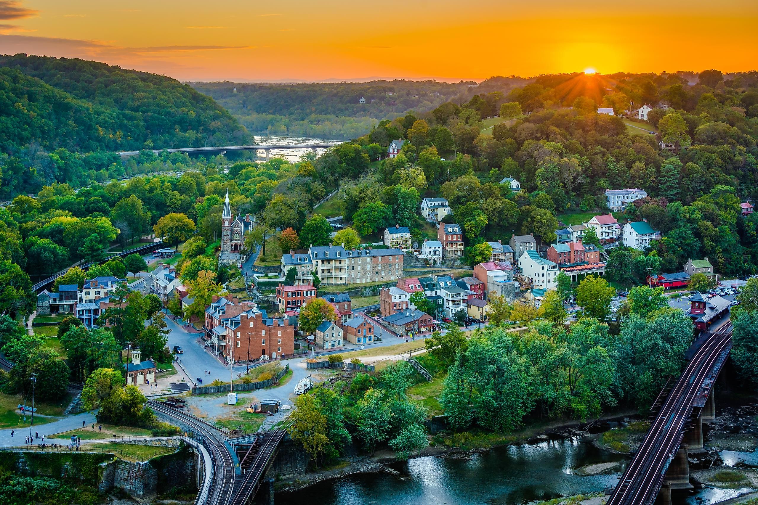 A stunning sunset view of Harpers Ferry, West Virginia.