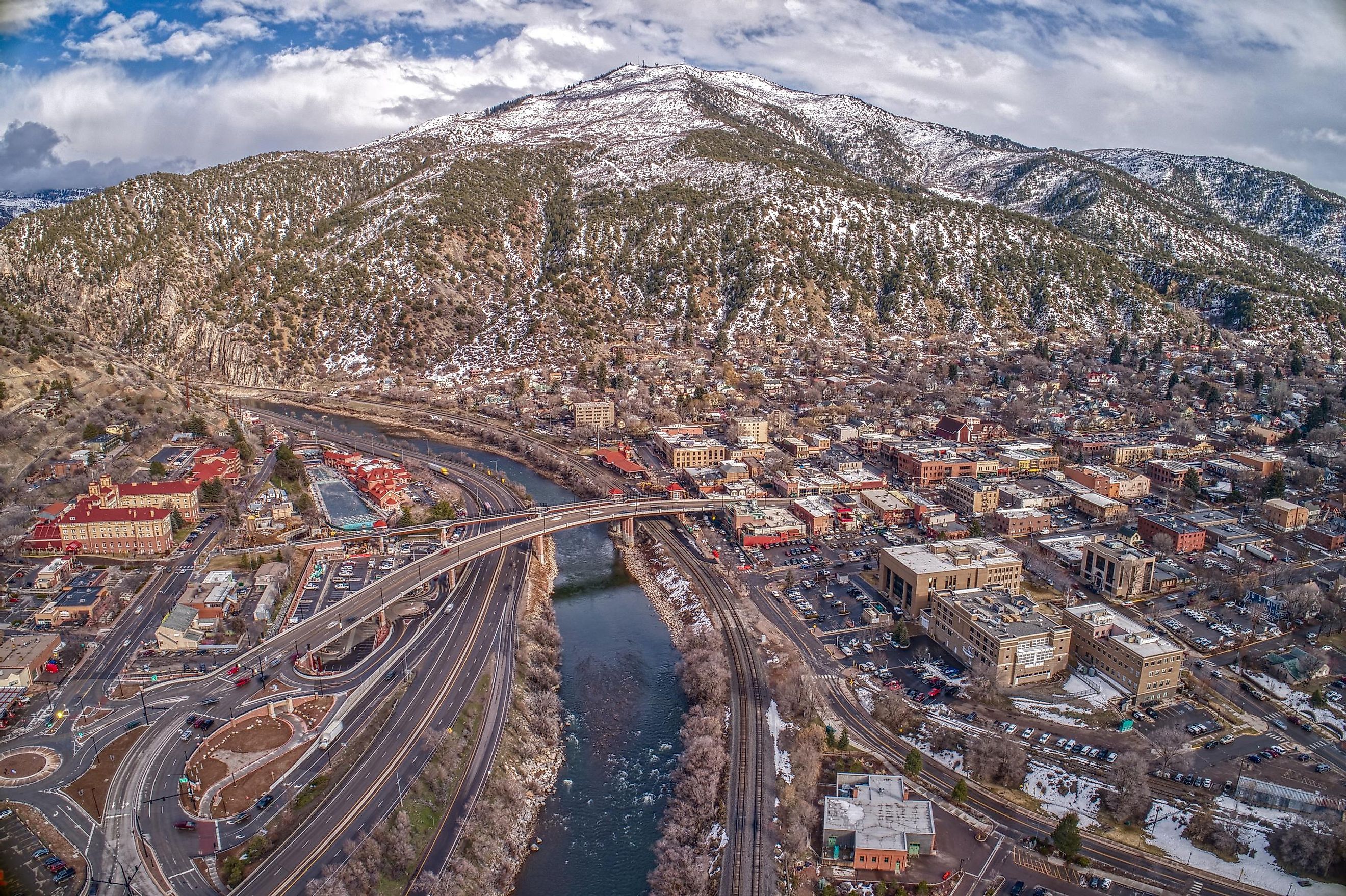 Aerial view of Glenwood Springs and the Rocky Mountains in Colorado.