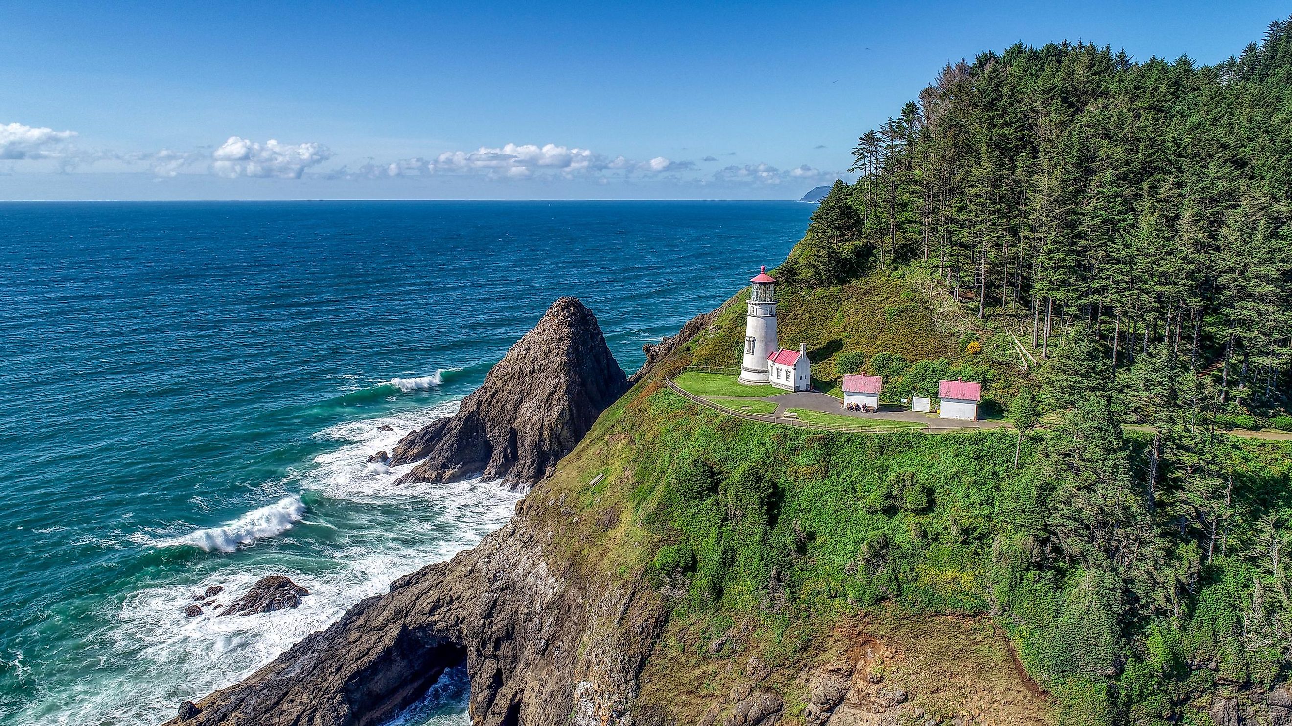 Aerial view of Heceta Head Lighthouse near Florence, Oregon.