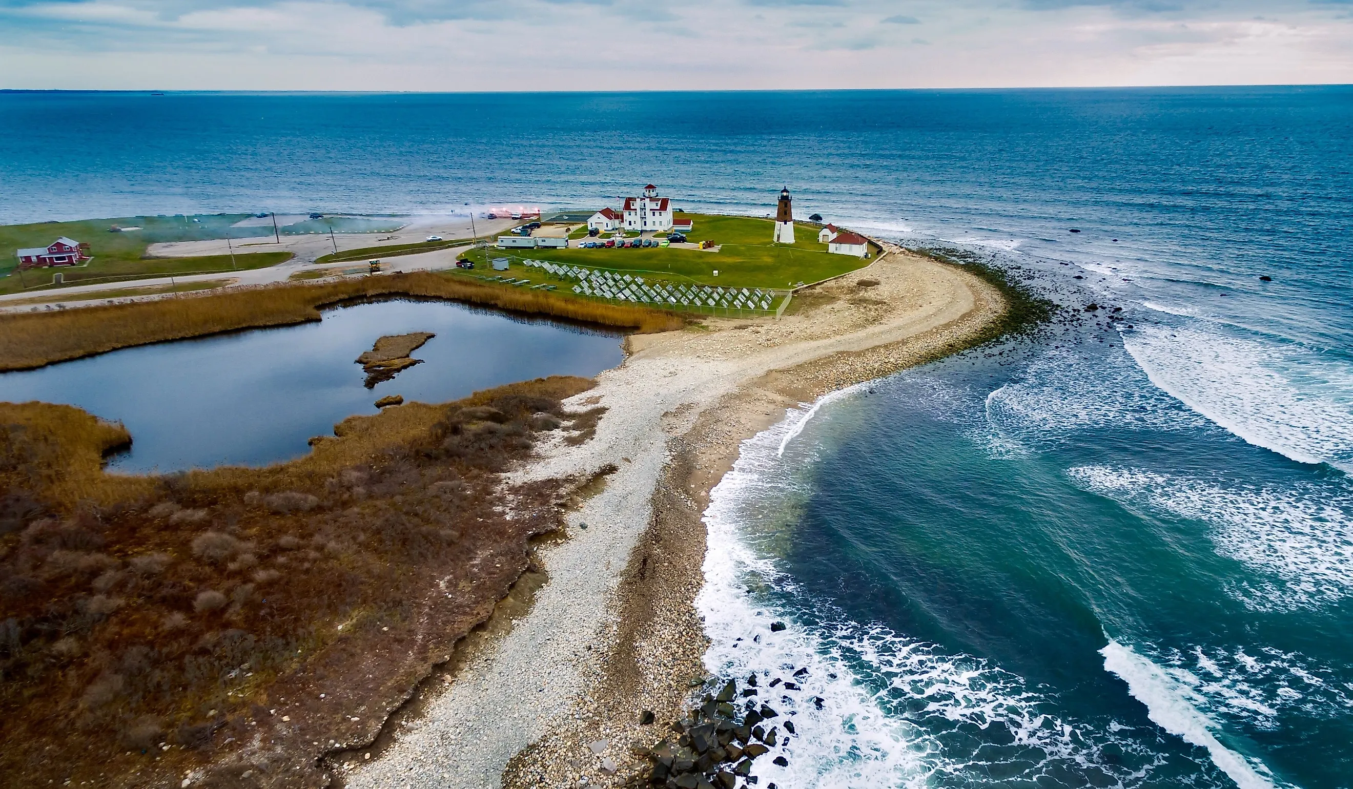 A picturesque view of the Point Judith Lighthouse in Narragansett, Rhode Island.
