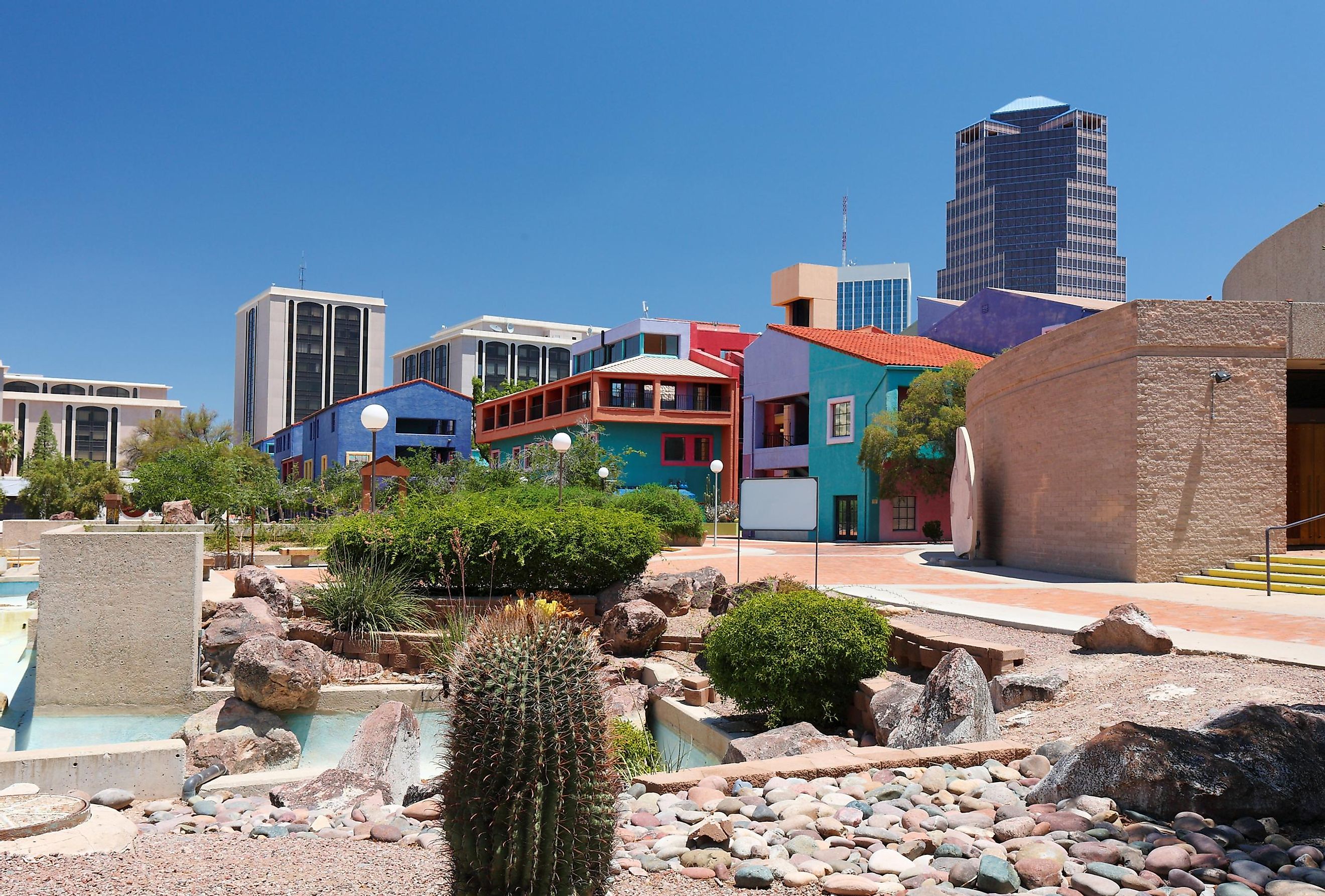 Tucson Skyline Showing the Colorful Building at La Placita Park, Cactus and UniSource Energy Tower.