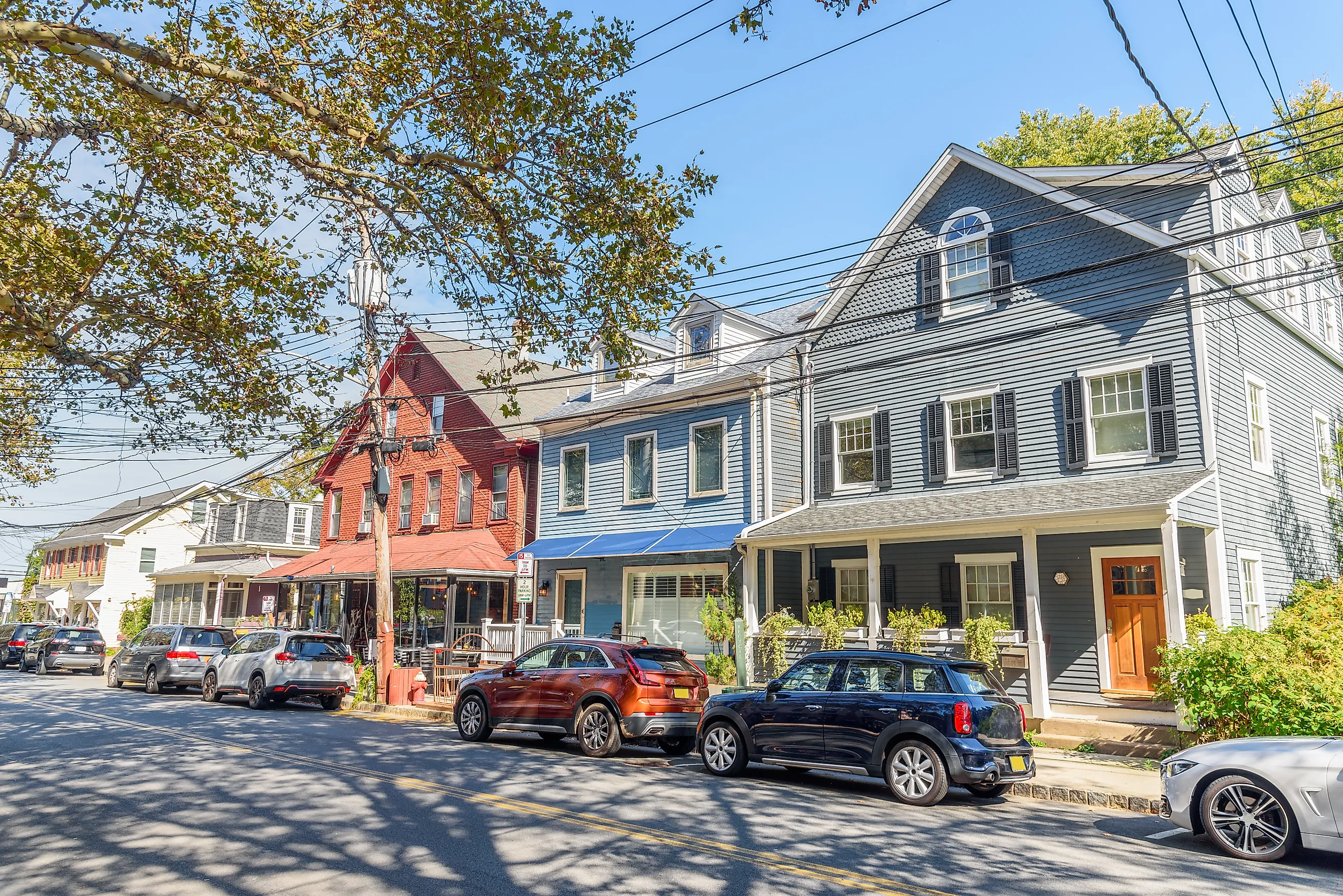 Row of colorful wooden buildings in Piermont, New York.