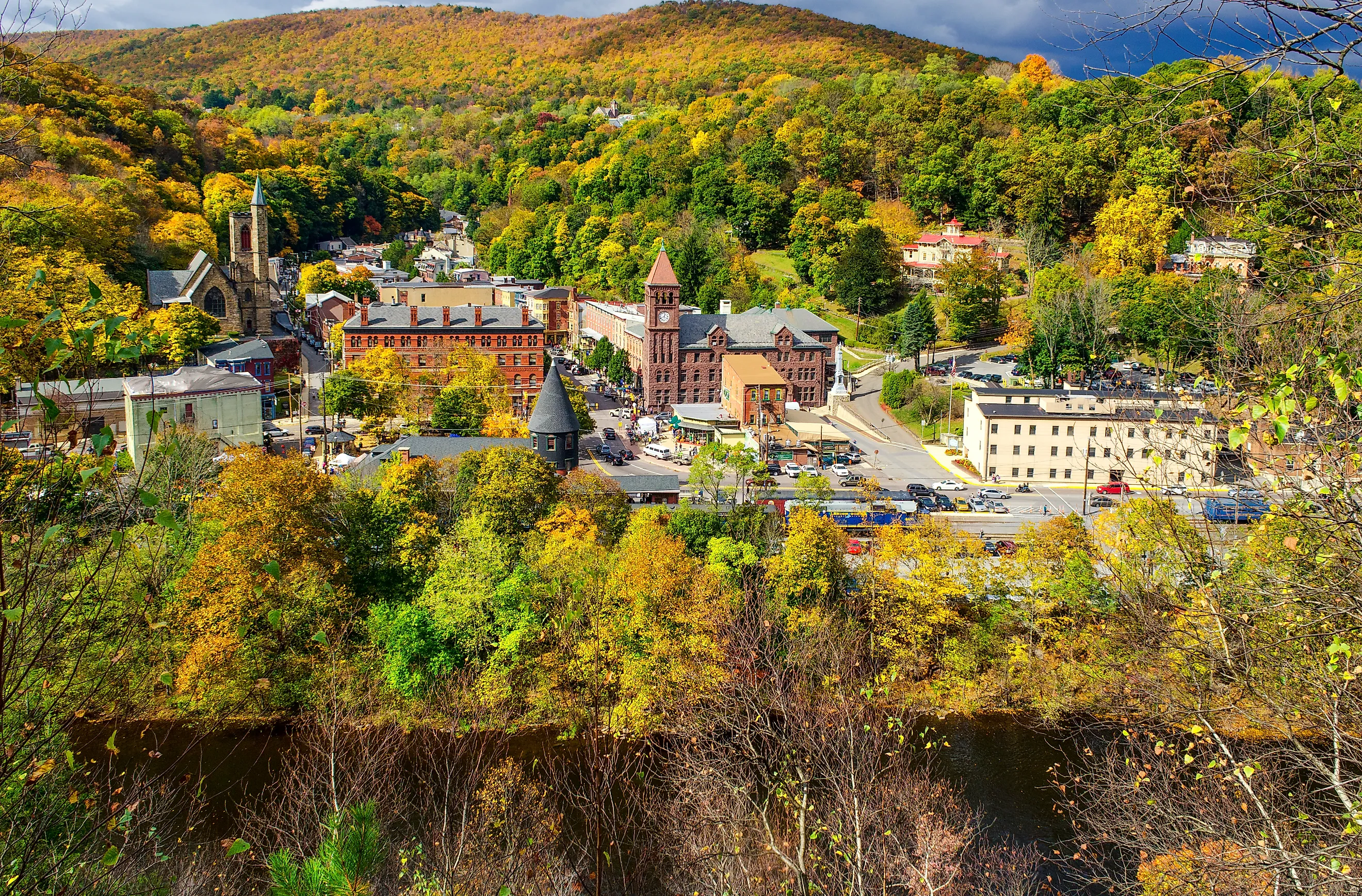 View of forests and buildings in the town of Jim Thorpe, Pennsylvania.