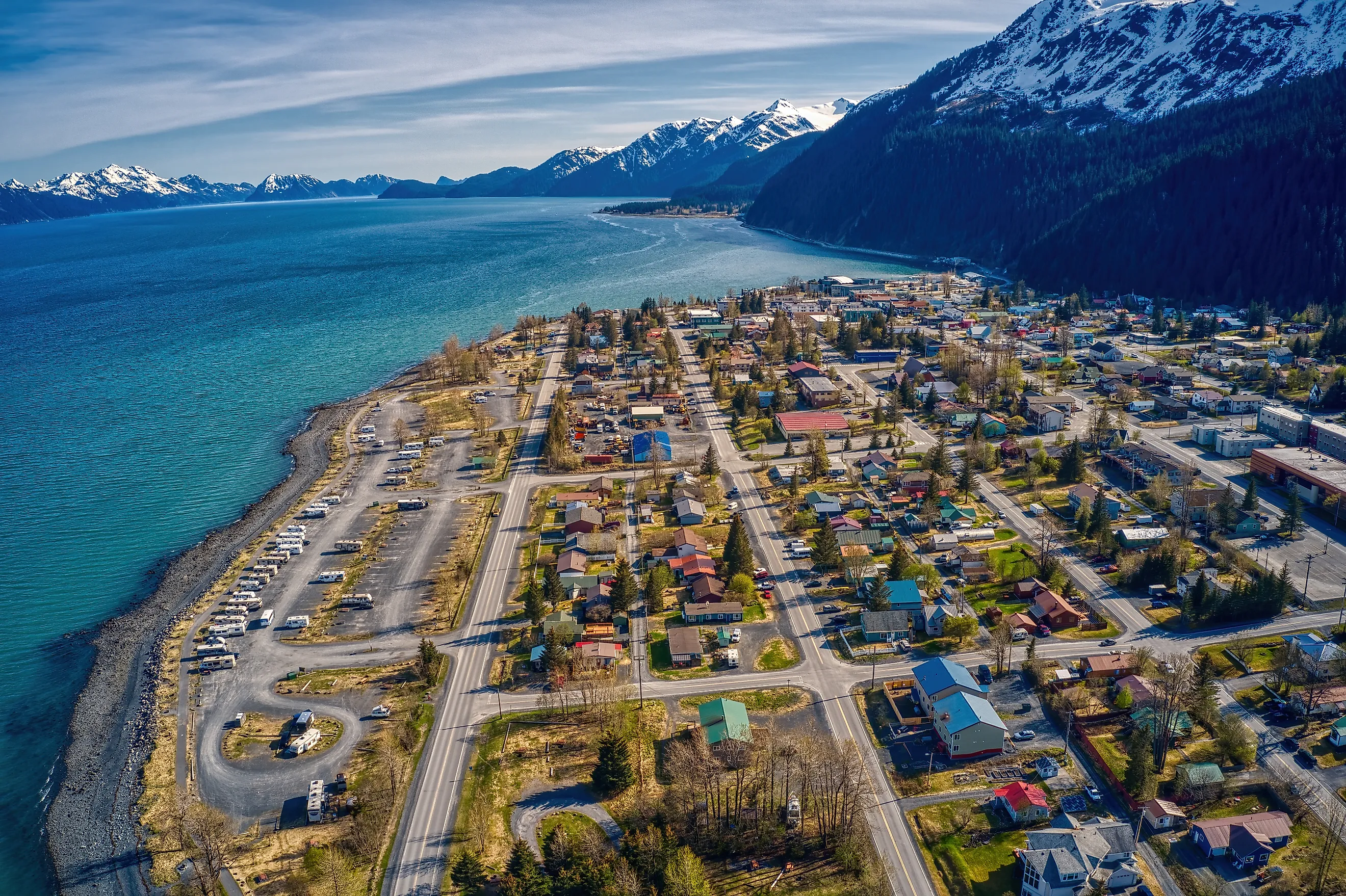 Aerial view of Seward, Alaska, in early summer.