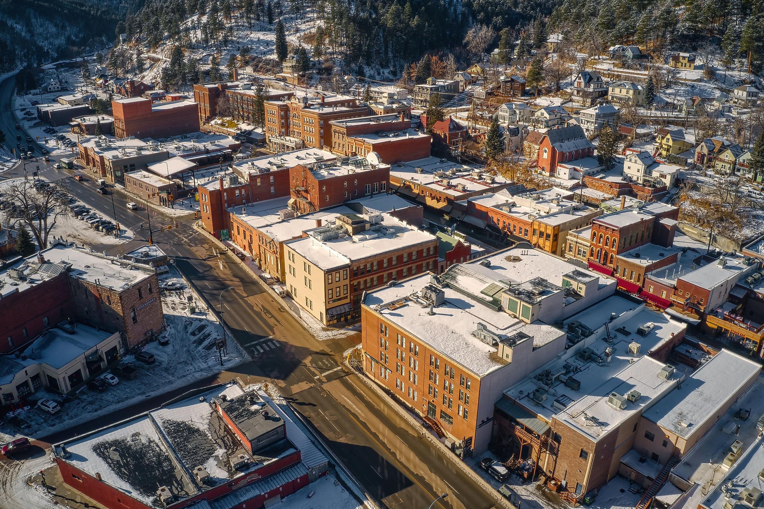 Aerial view of historic buildings in the town of Deadwood, South Dakota.