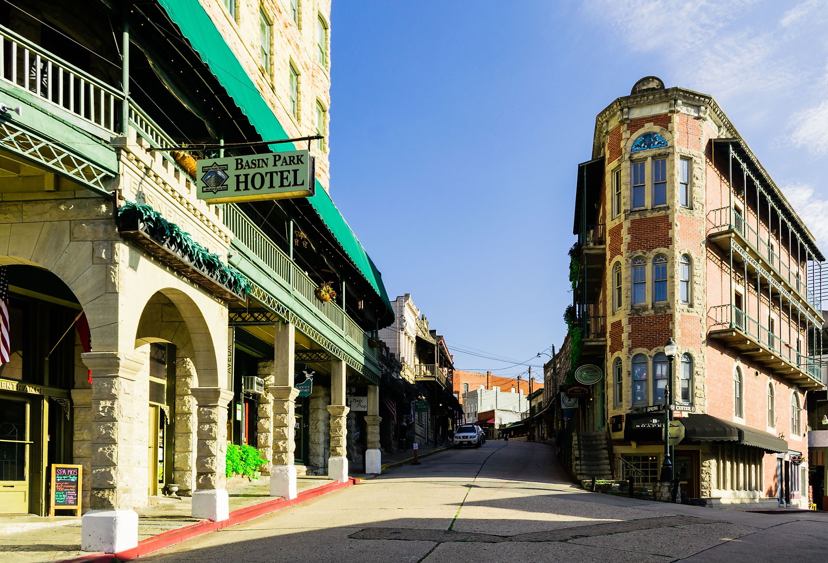 Historic downtown and Basin Park Hotel in Eureka Springs, Arkansas. Image credit rjjones via Shutterstock