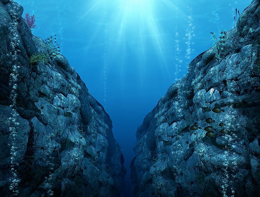 Probably the most famous formation under the sea level is the Mariana Trench, which is the deepest point on Earth, which measures at 11,034 m (36,201 ft).