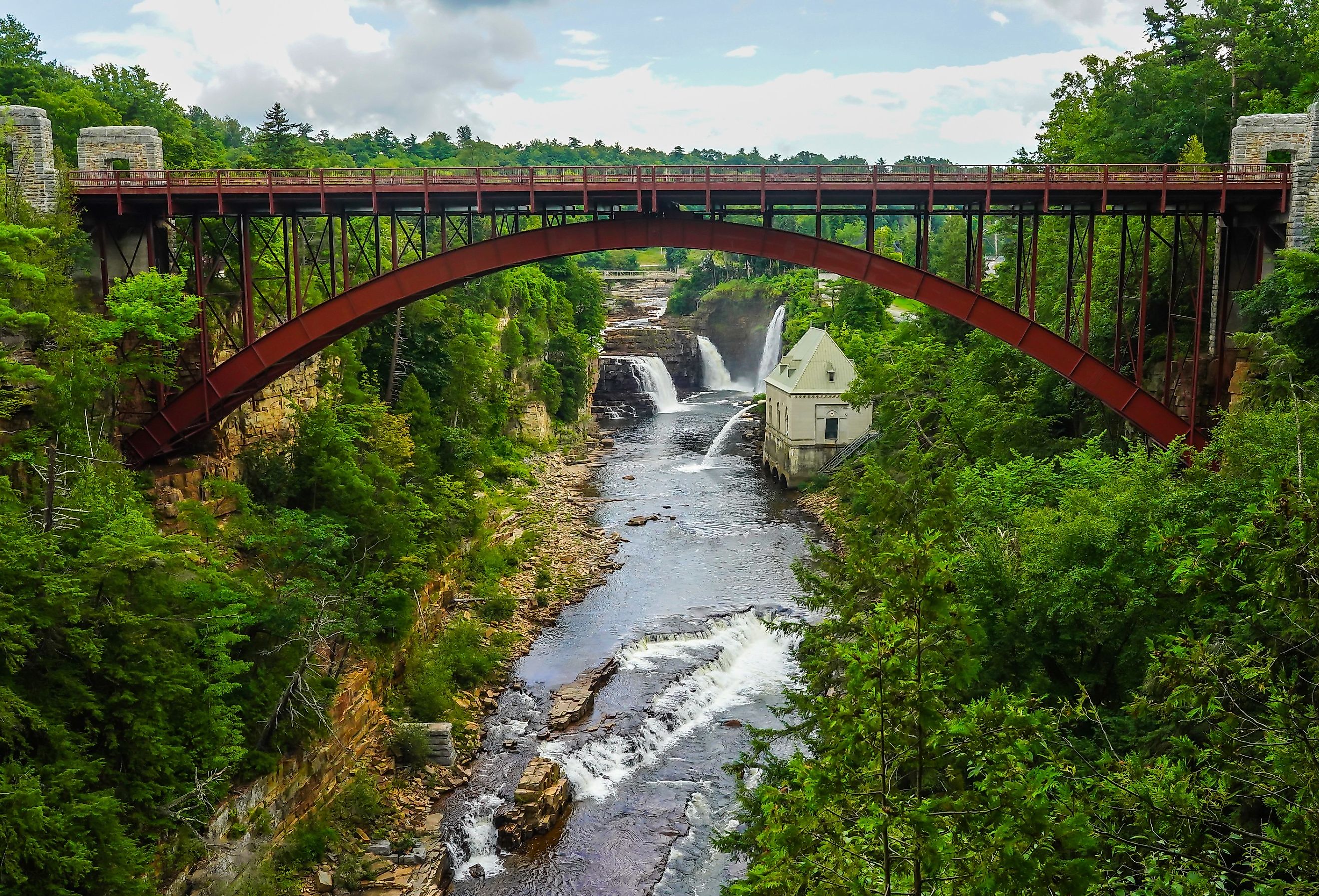 Bridge and Rainbow Falls at Ausable Chasm in Upstate New York, Adirondacks region.