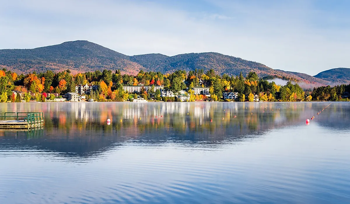 View of mountainous Lake Placid in autumn.