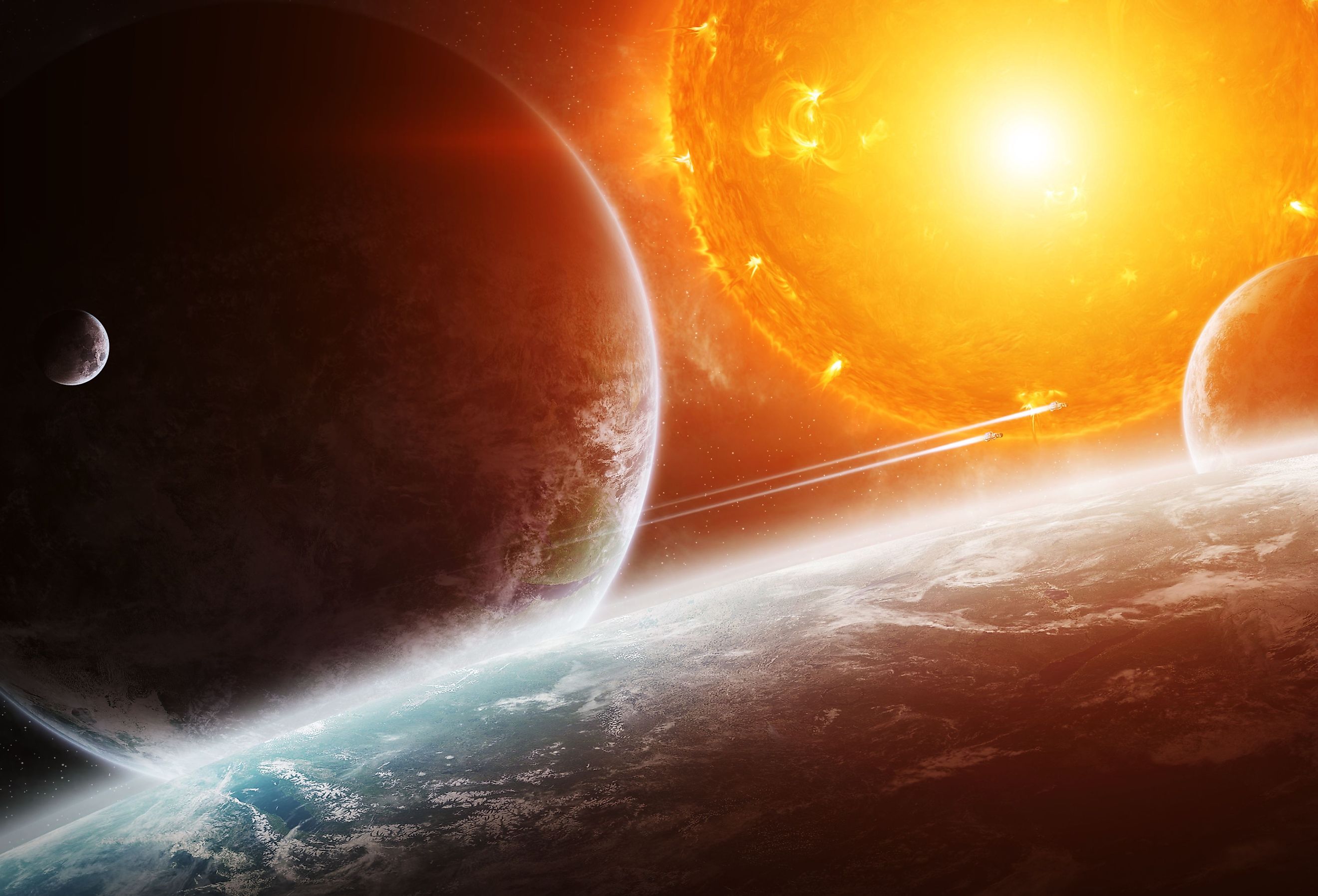 Sun exploding close to inhabited planets system 3D rendering elements of this image furnished by NASA.