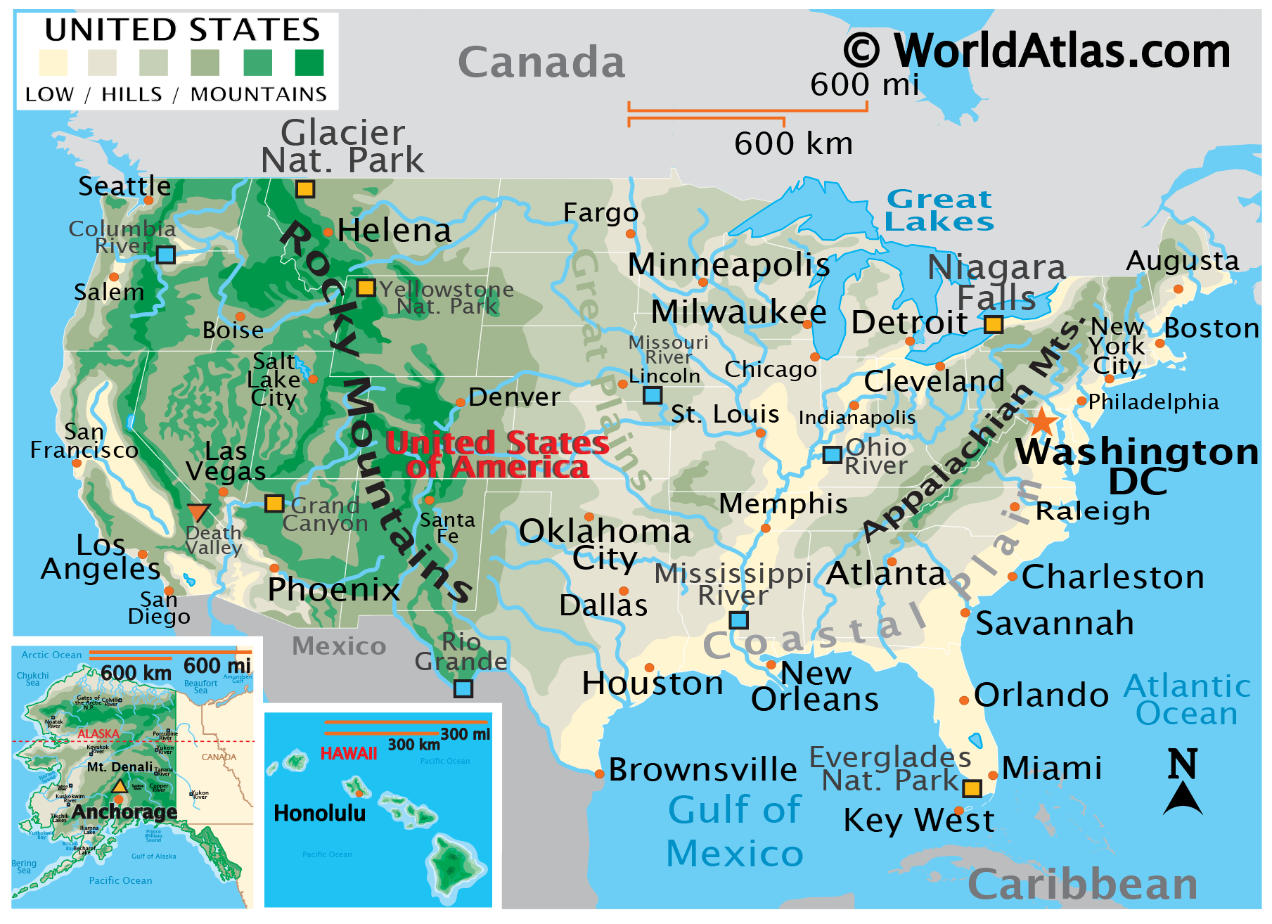 Phyiscal Map of the United States With State Boundaries. It shows the physical features of the US including its mountain ranges, rivers, and major lakes.