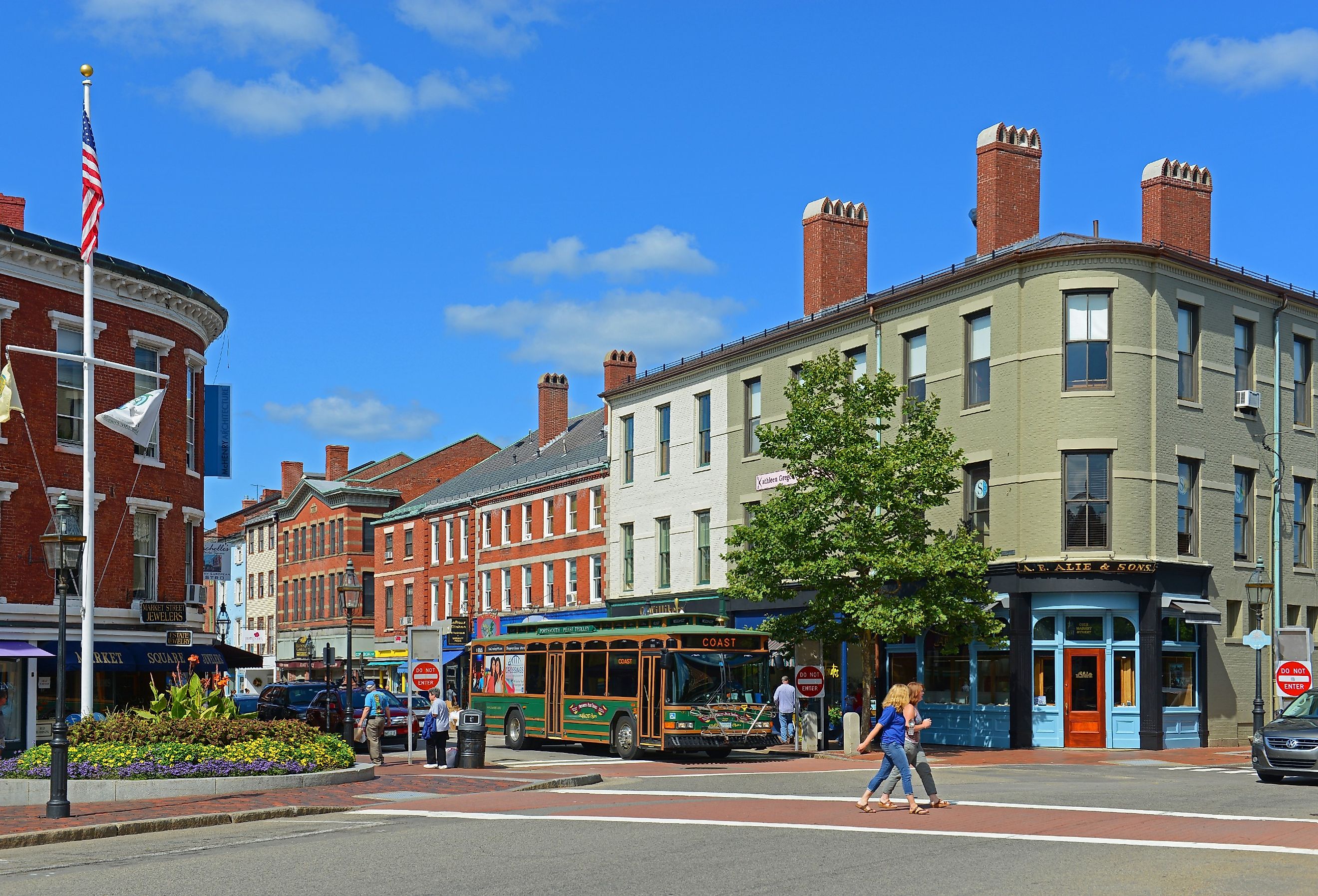 Historic buildings on Market Street at Market Square in downtown Portsmouth, New Hampshire. Image credit Wangkun Jia via Shutterstock