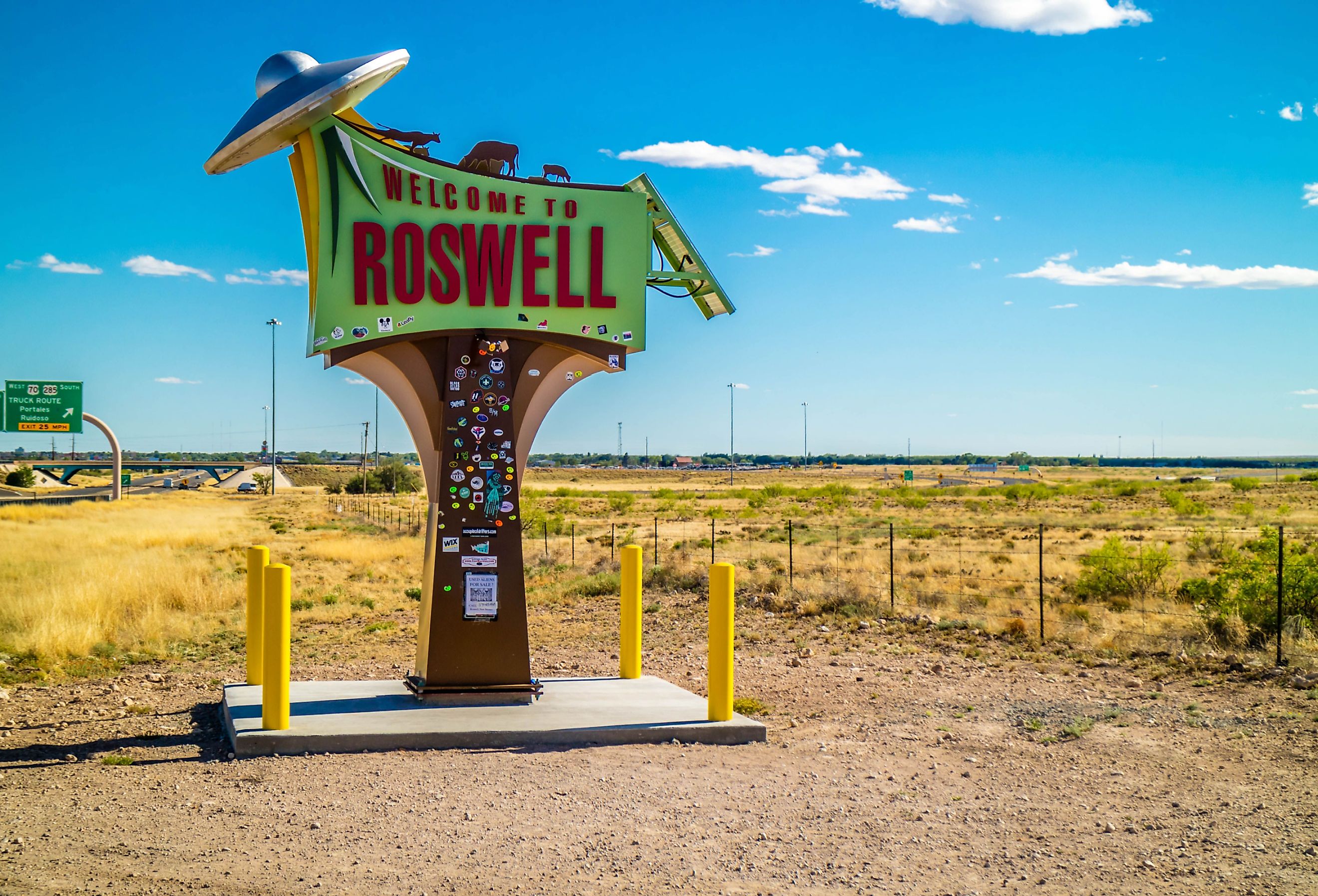  A welcoming signboard at the entry point of Roswell, New Mexico. Image credit Cheri Alguire via Shutterstock