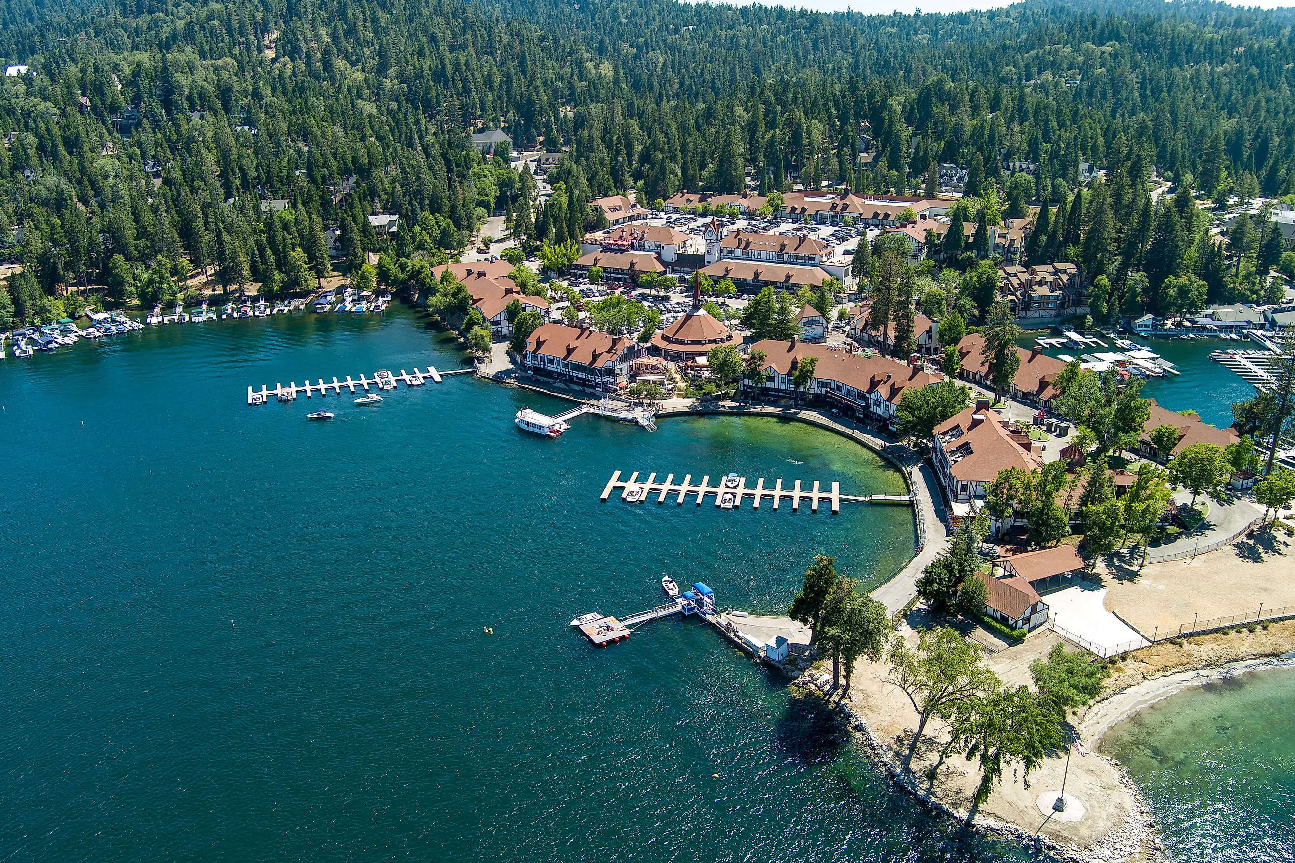 Aerial view of the stunning town of Lake Arrowhead, California.
