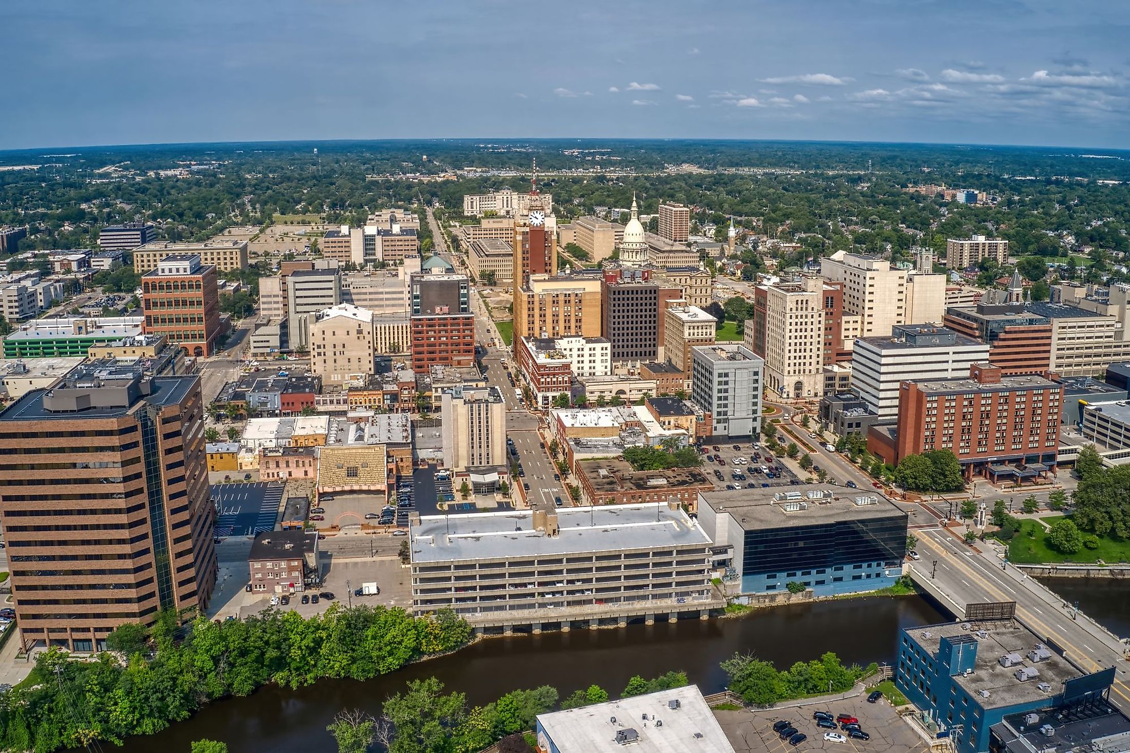Aerial view of downtown Lansing, Michigan, during summer. 