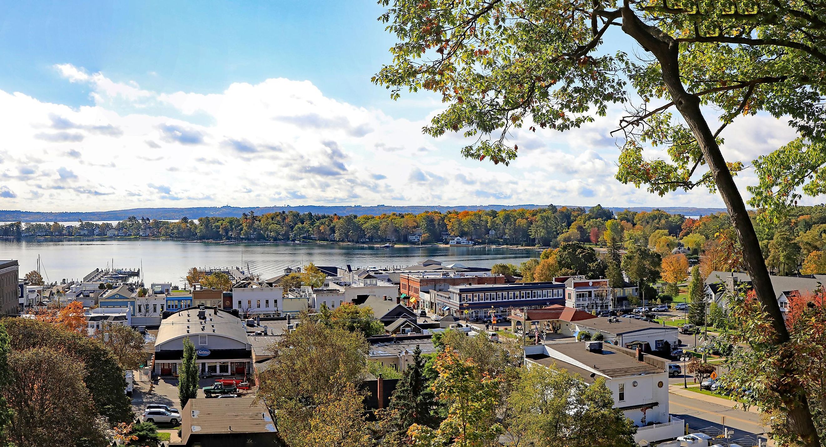 Panorama of Harbor Springs, Michigan, from the scenic overlook point above the resort town in Northern Michigan near Petoskey.