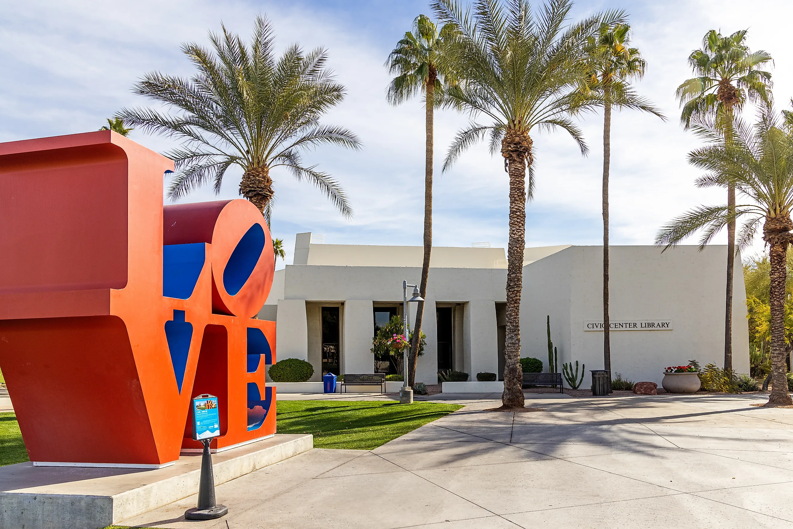 View of the Scottsdale Public Library and famous LOVE statue at Civic Center Park. (Editorial credit: GoodFocused / Shutterstock.com)